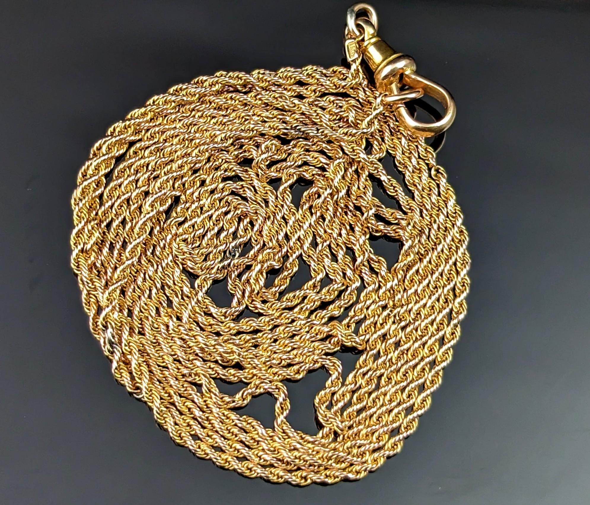 Antique 15k Yellow Gold Long Chain Necklace, Longuard, Rope Twist Link In Fair Condition For Sale In NEWARK, GB
