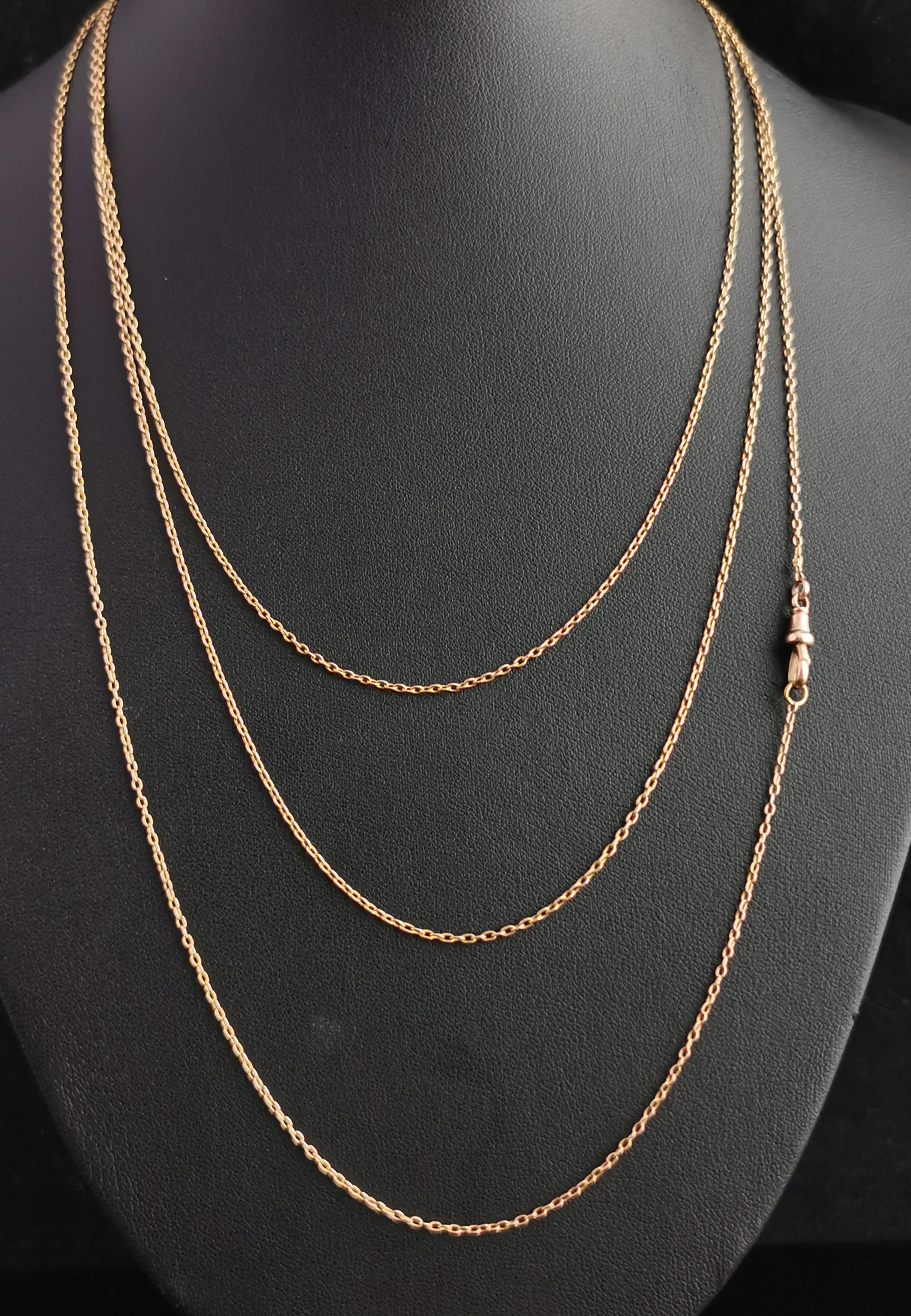 Antique 15k Yellow Gold Longuard Chain Necklace, Trace Link 5