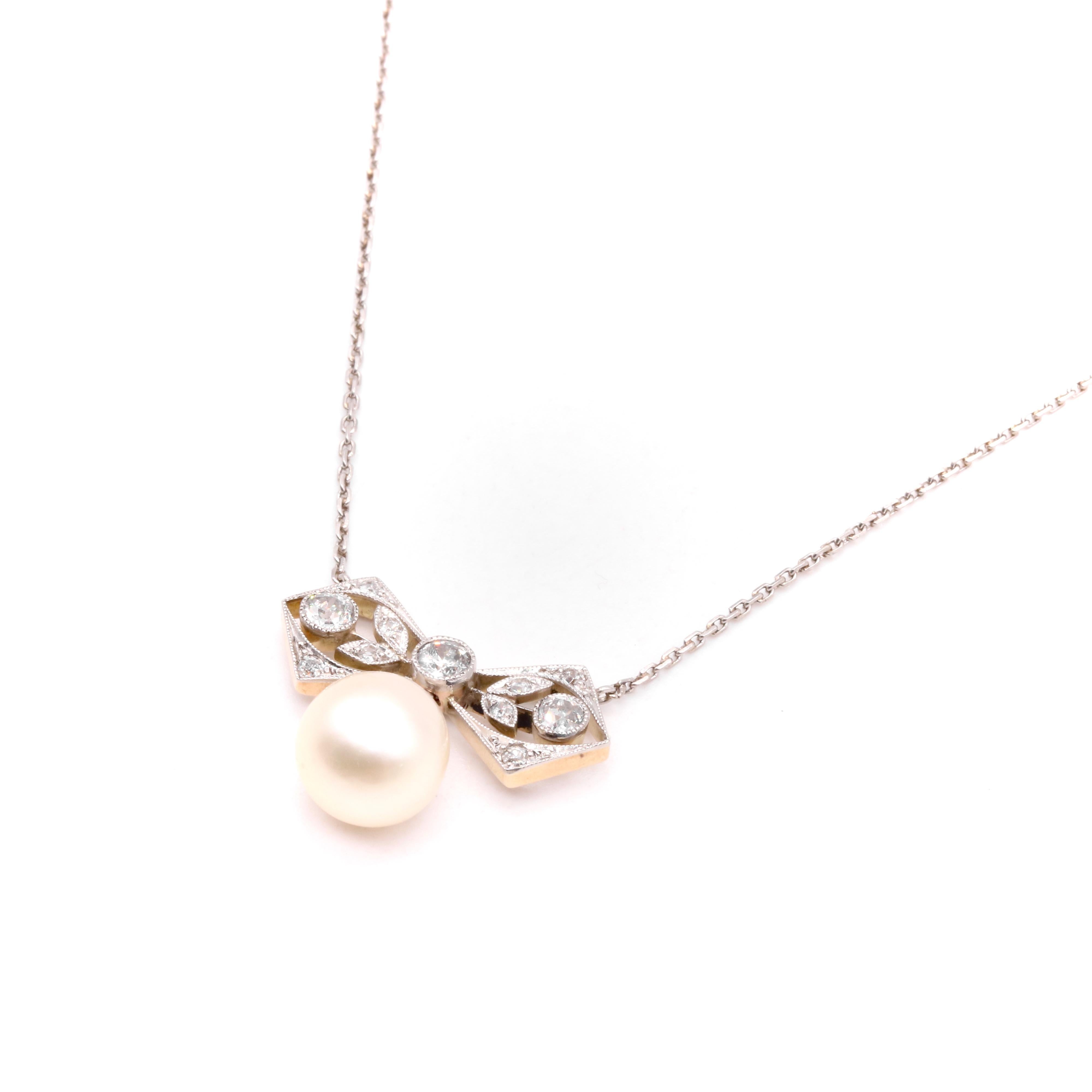 Old European Cut Antique 15K Yellow Gold & Platinum Pearl and Old Cut Diamond Bow Necklace For Sale
