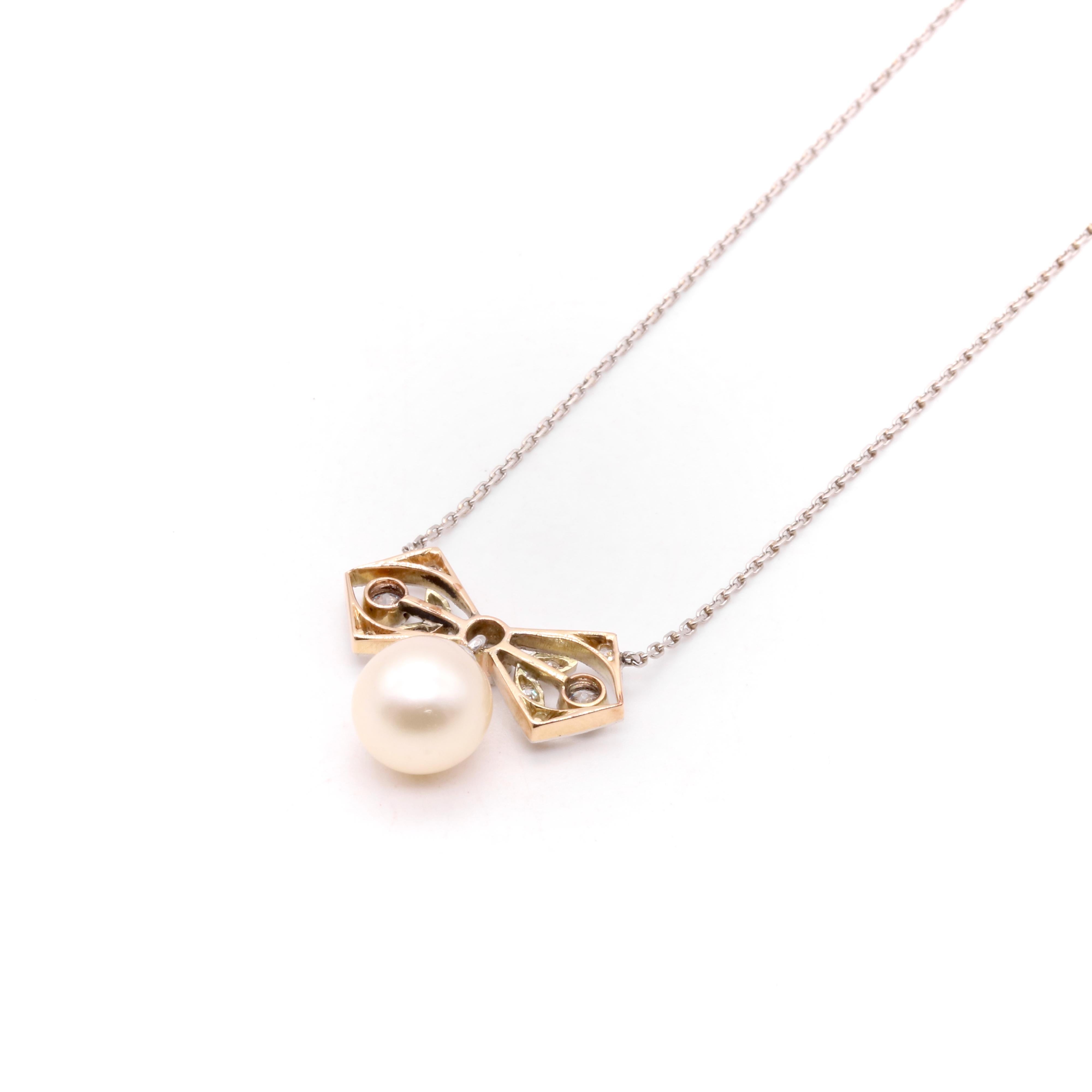 Antique 15K Yellow Gold & Platinum Pearl and Old Cut Diamond Bow Necklace For Sale 2