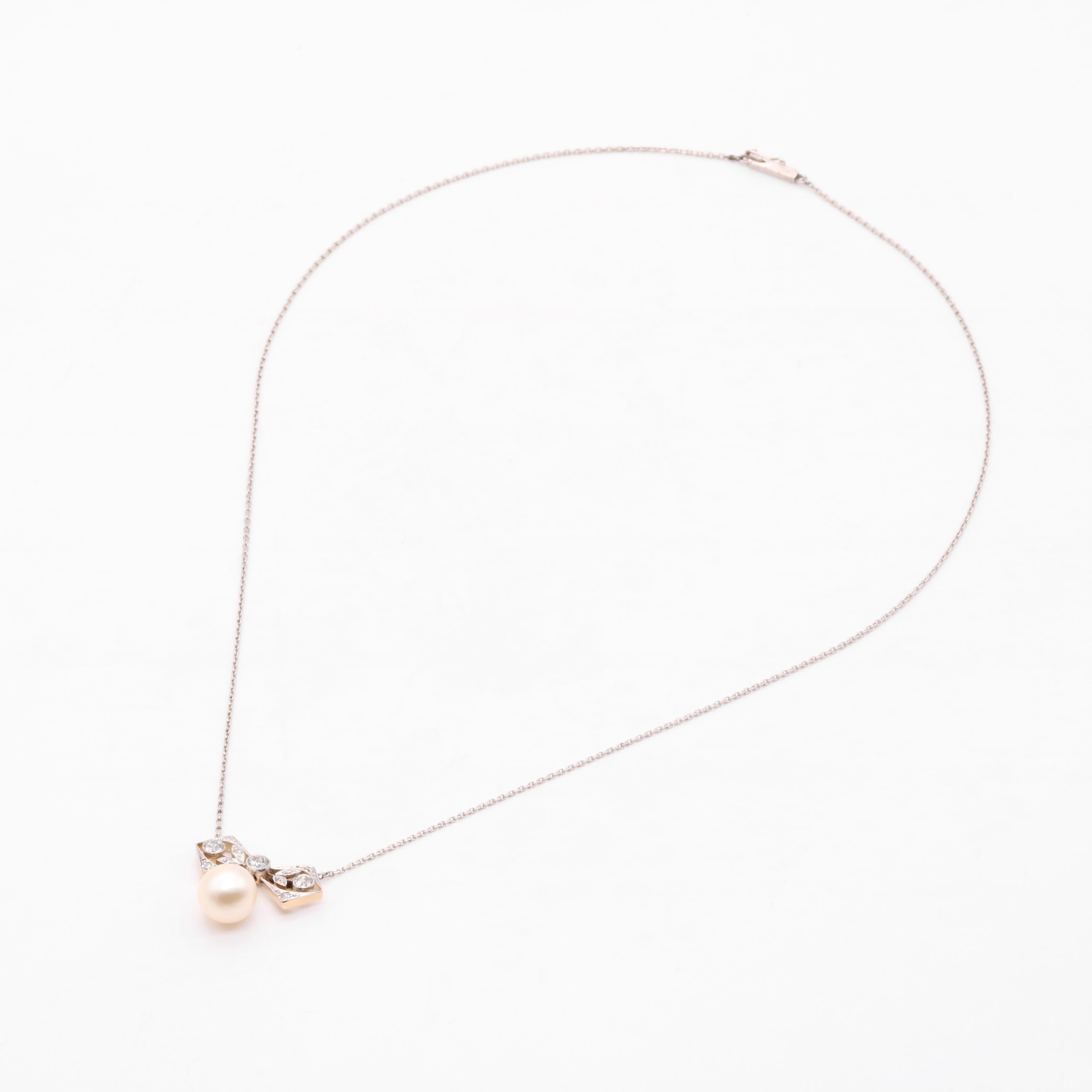 Antique 15K Yellow Gold & Platinum Pearl and Old Cut Diamond Bow Necklace For Sale 3