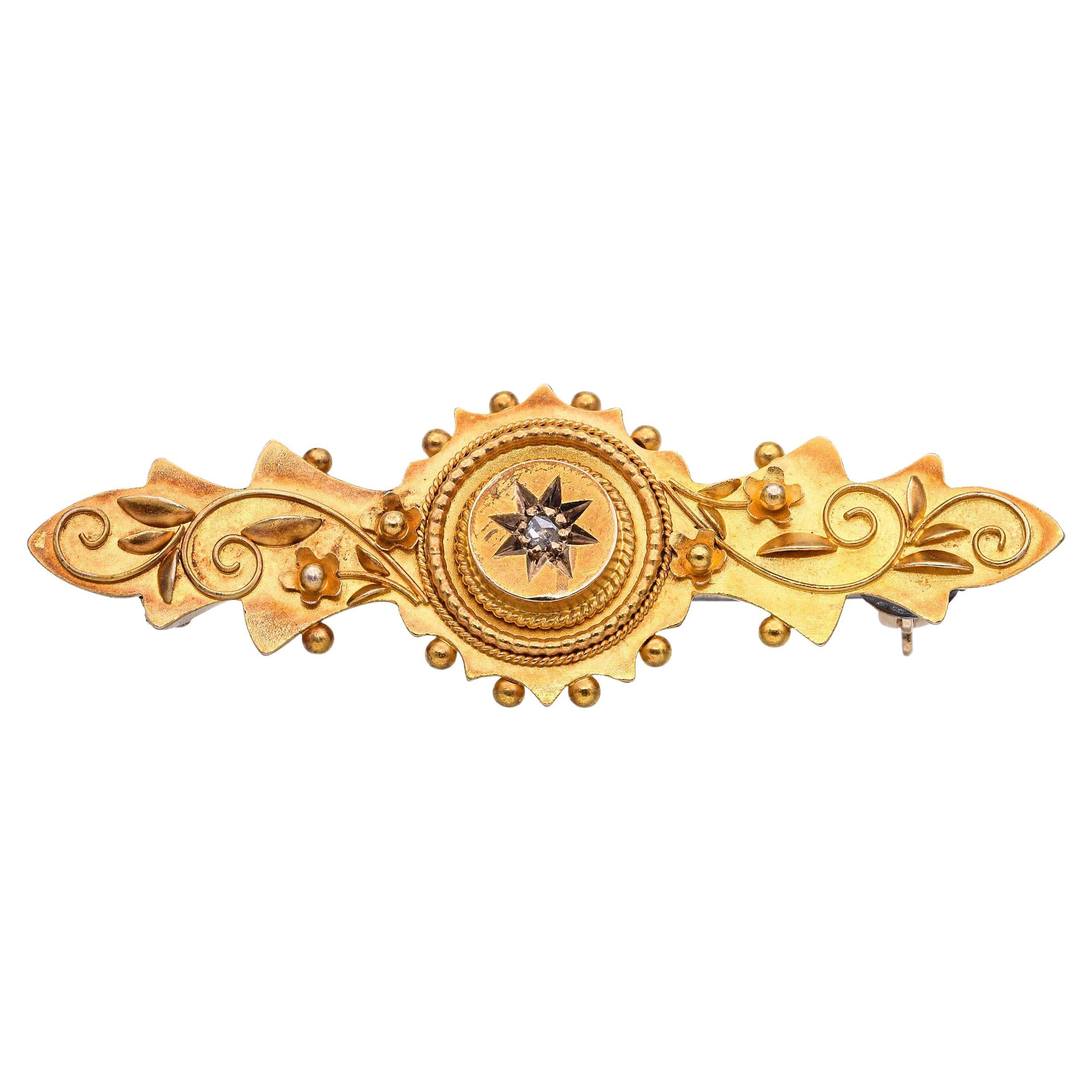 Antique 15k Yellow Gold Rose Cut Diamond Bar Brooch