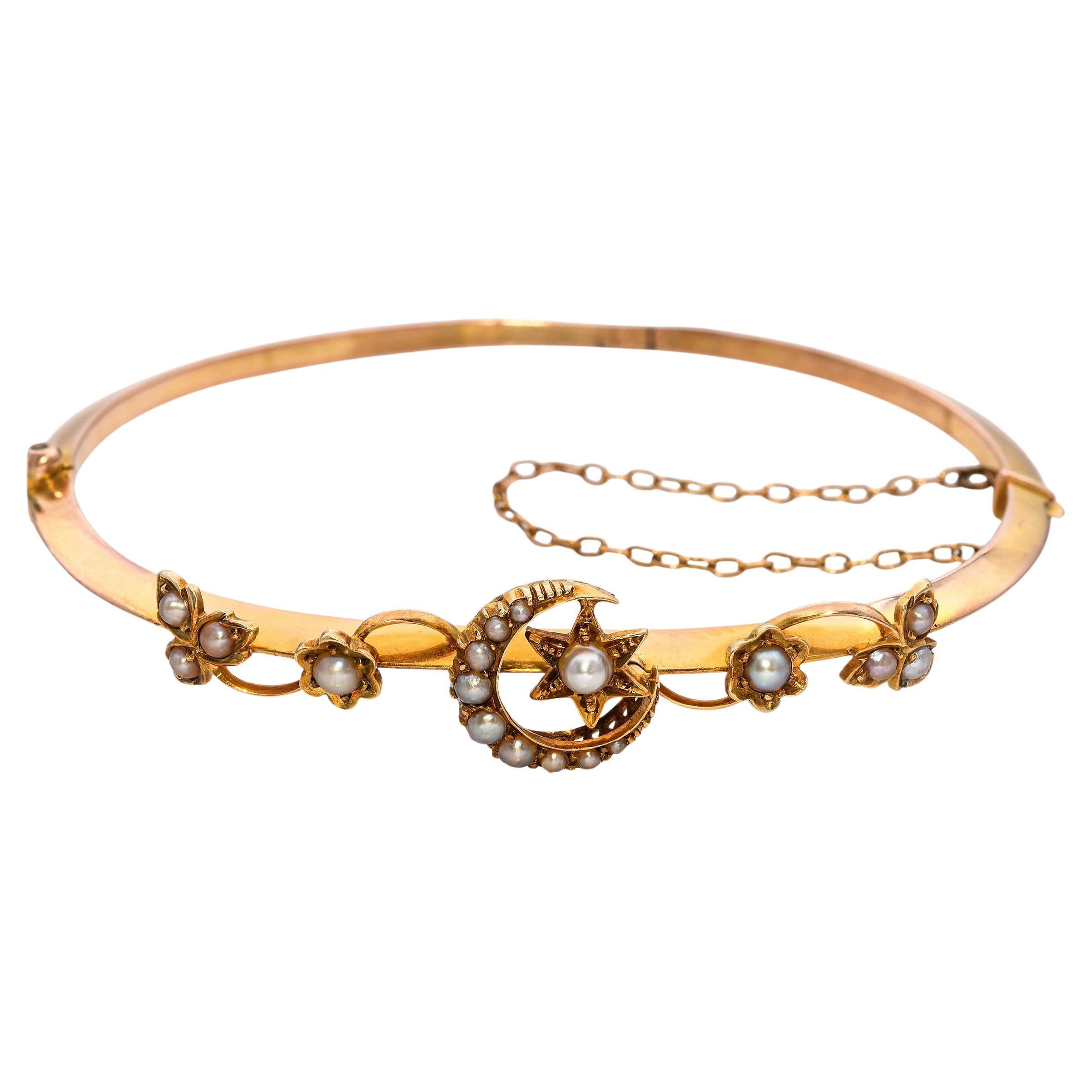 Bracelet à charnière en or jaune 15k ancien avec perles de rocaille, lune et étoiles
