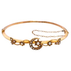Bracelet à charnière en or jaune 15k ancien avec perles de rocaille, lune et étoiles