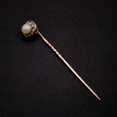 Antique 15K Yellow Gold & Silver Rose Cut Diamond and Pearl Cluster Stick Pin