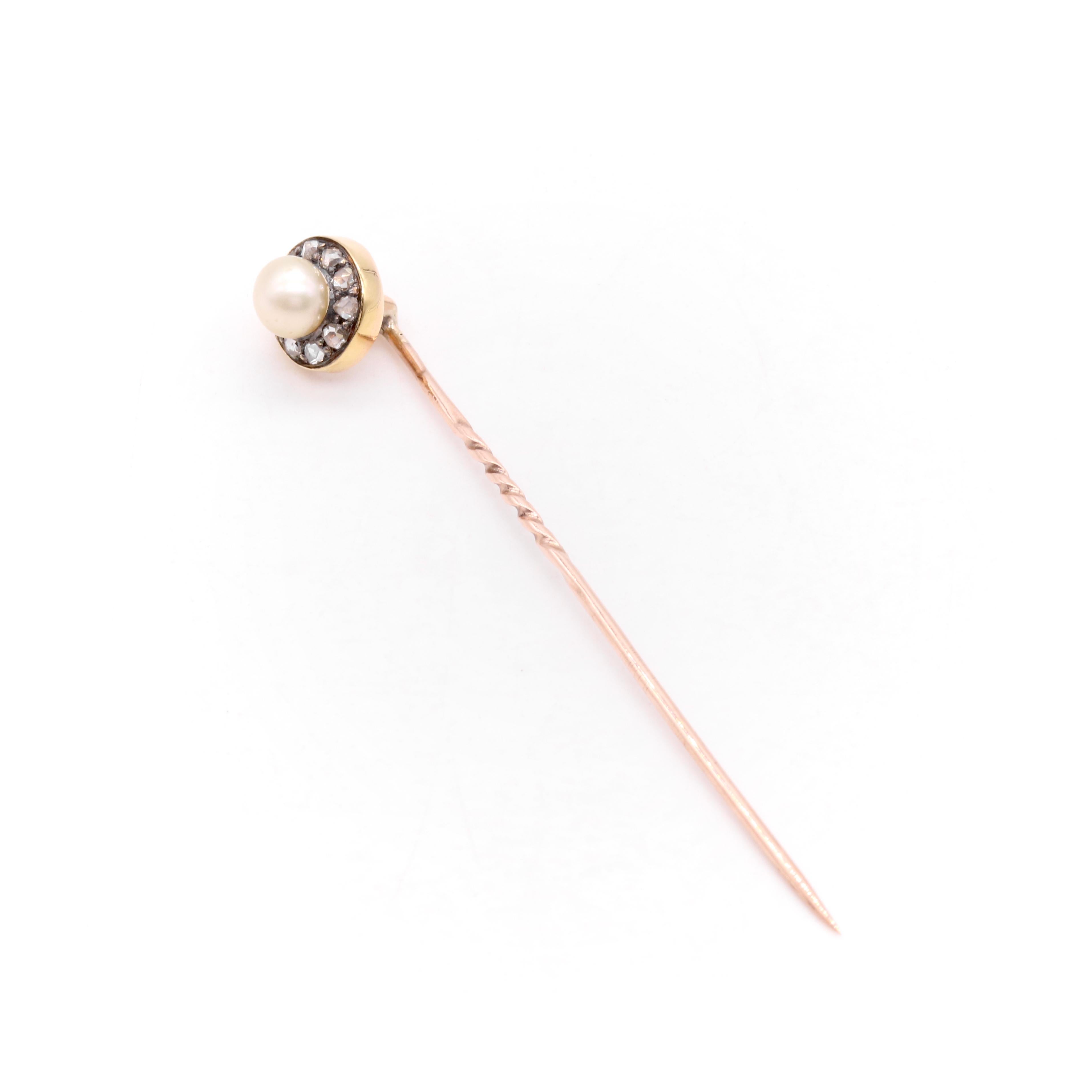 Edwardian Antique 15K Yellow Gold & Silver Rose Cut Diamond and Pearl Cluster Stick Pin For Sale