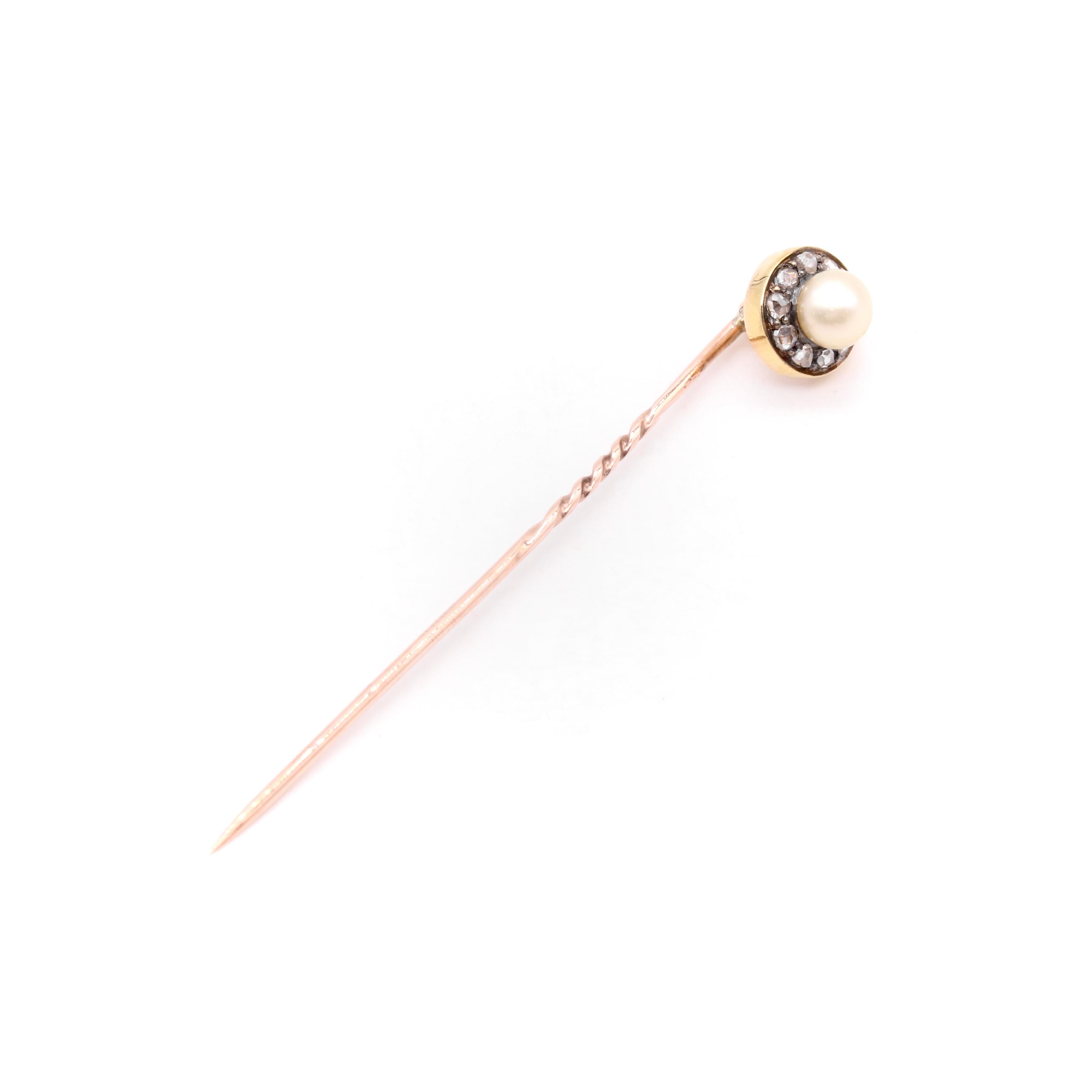 Women's or Men's Antique 15K Yellow Gold & Silver Rose Cut Diamond and Pearl Cluster Stick Pin For Sale
