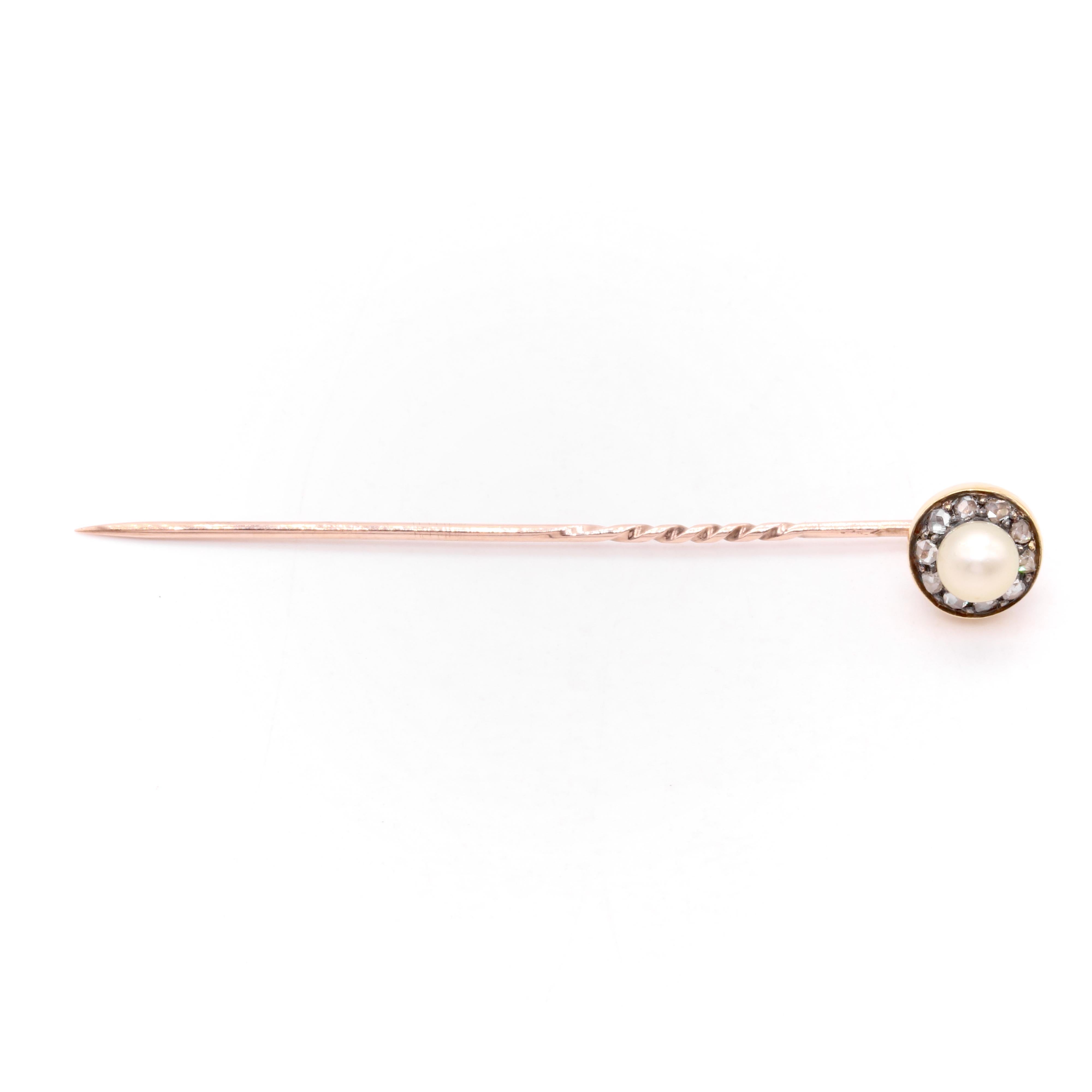 Antique 15K Yellow Gold & Silver Rose Cut Diamond and Pearl Cluster Stick Pin For Sale 1
