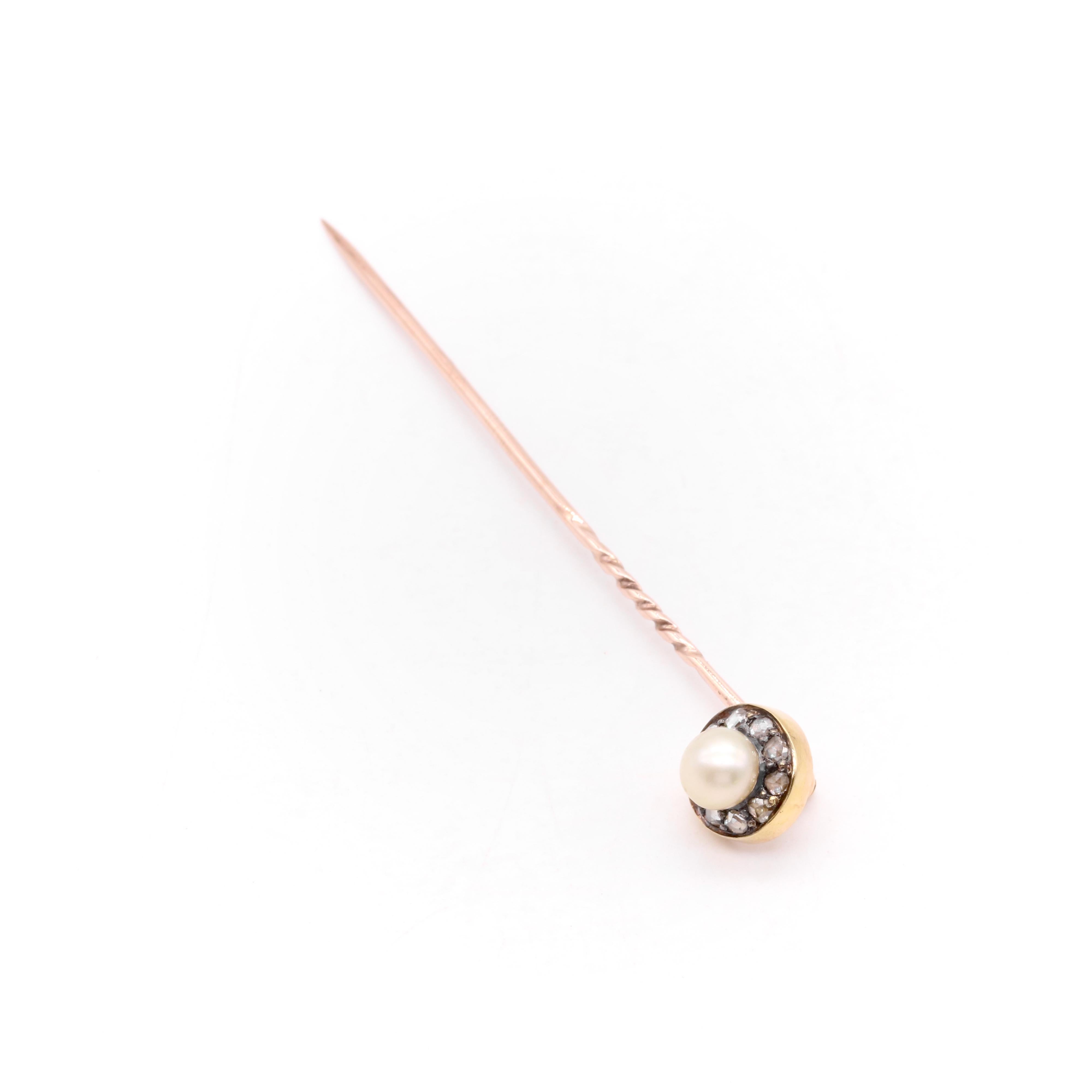 Antique 15K Yellow Gold & Silver Rose Cut Diamond and Pearl Cluster Stick Pin For Sale 2