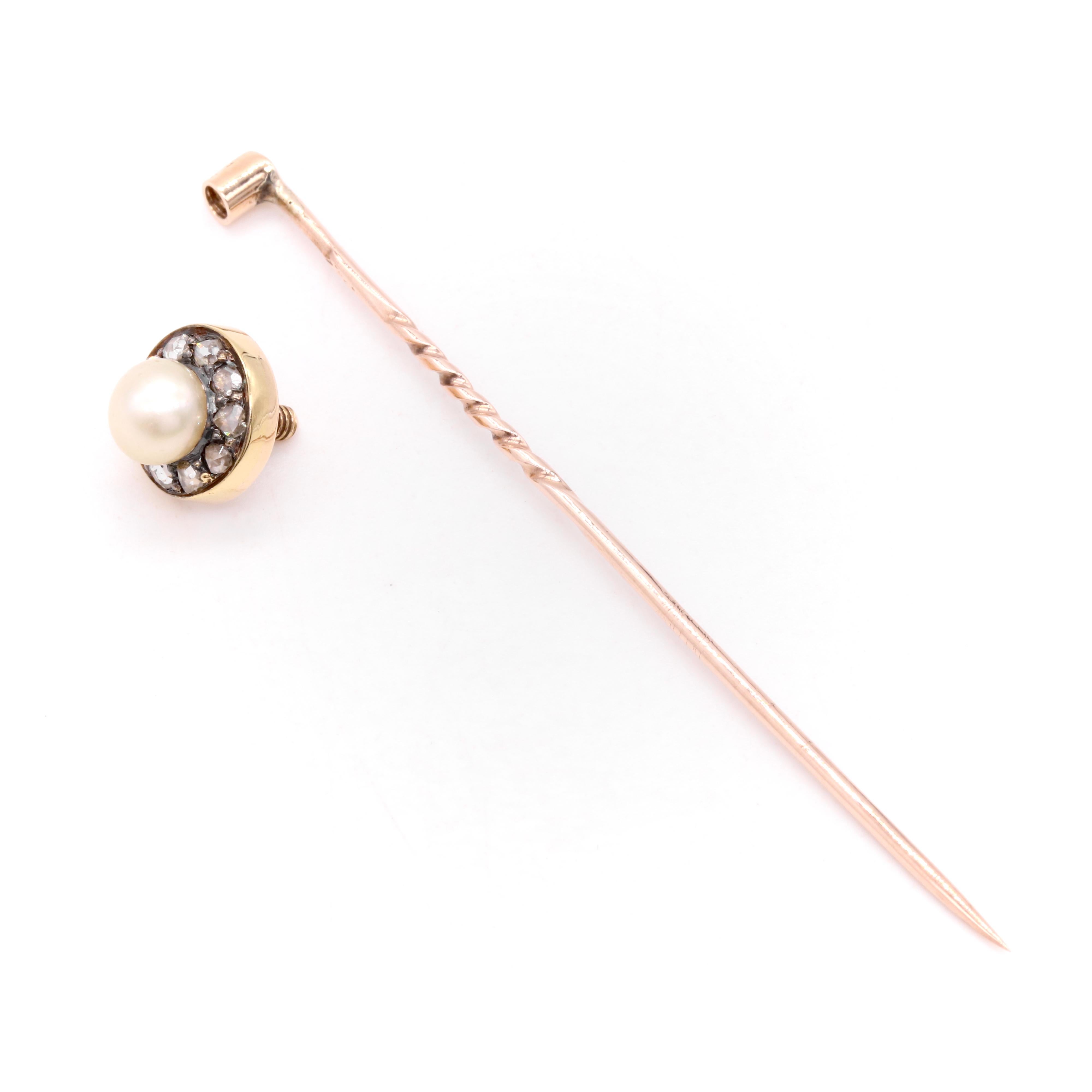 Antique 15K Yellow Gold & Silver Rose Cut Diamond and Pearl Cluster Stick Pin For Sale 4