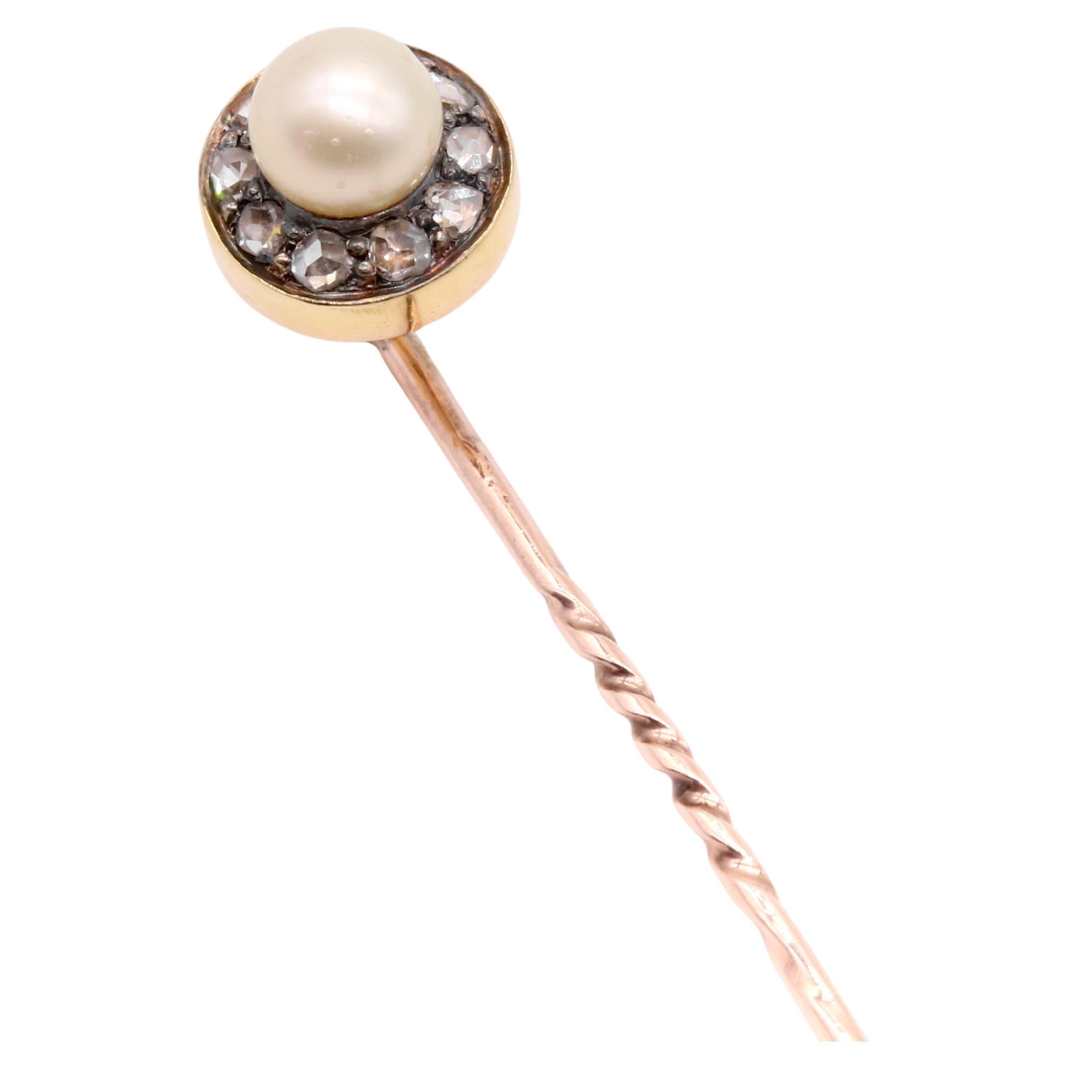 Antique 15K Yellow Gold & Silver Rose Cut Diamond and Pearl Cluster Stick Pin