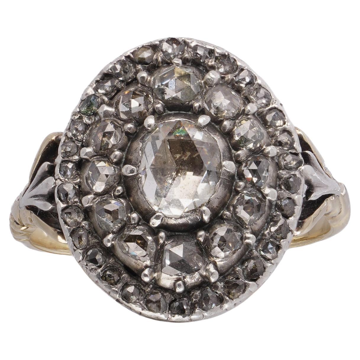 Antique 15kt Gold and Silver Rose Cut Diamond Cluster Ring