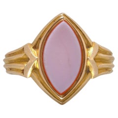 Antique 15KT Gold Banded Agate Marquise Ring, Reeded Chevron Shoulders