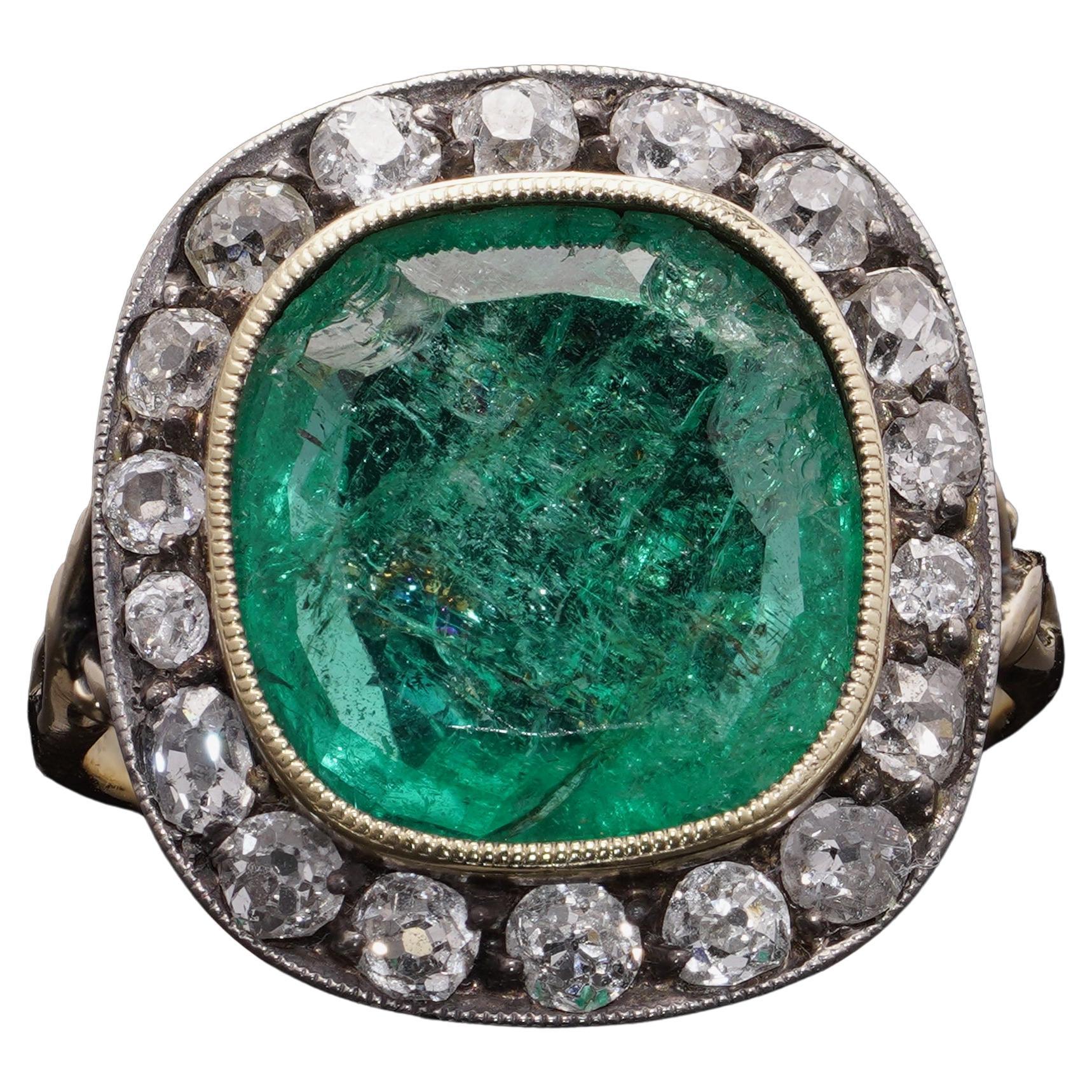 Antique 15kt Gold Colombian Emerald & Diamond Ring – Cushion Cut