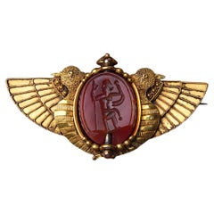 Antique 15kt Gold Egyptian Revival Winged Scarab Carnelian Spinner Cameo Brooch