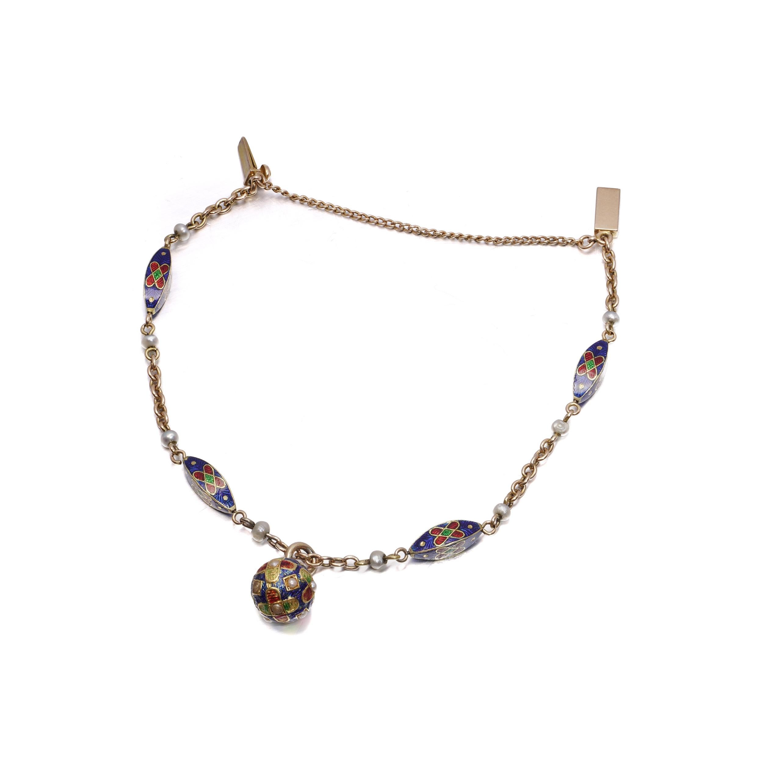Antique 15kt Gold Enamel and Pearl Bracelet with Orb Pendant en vente 2