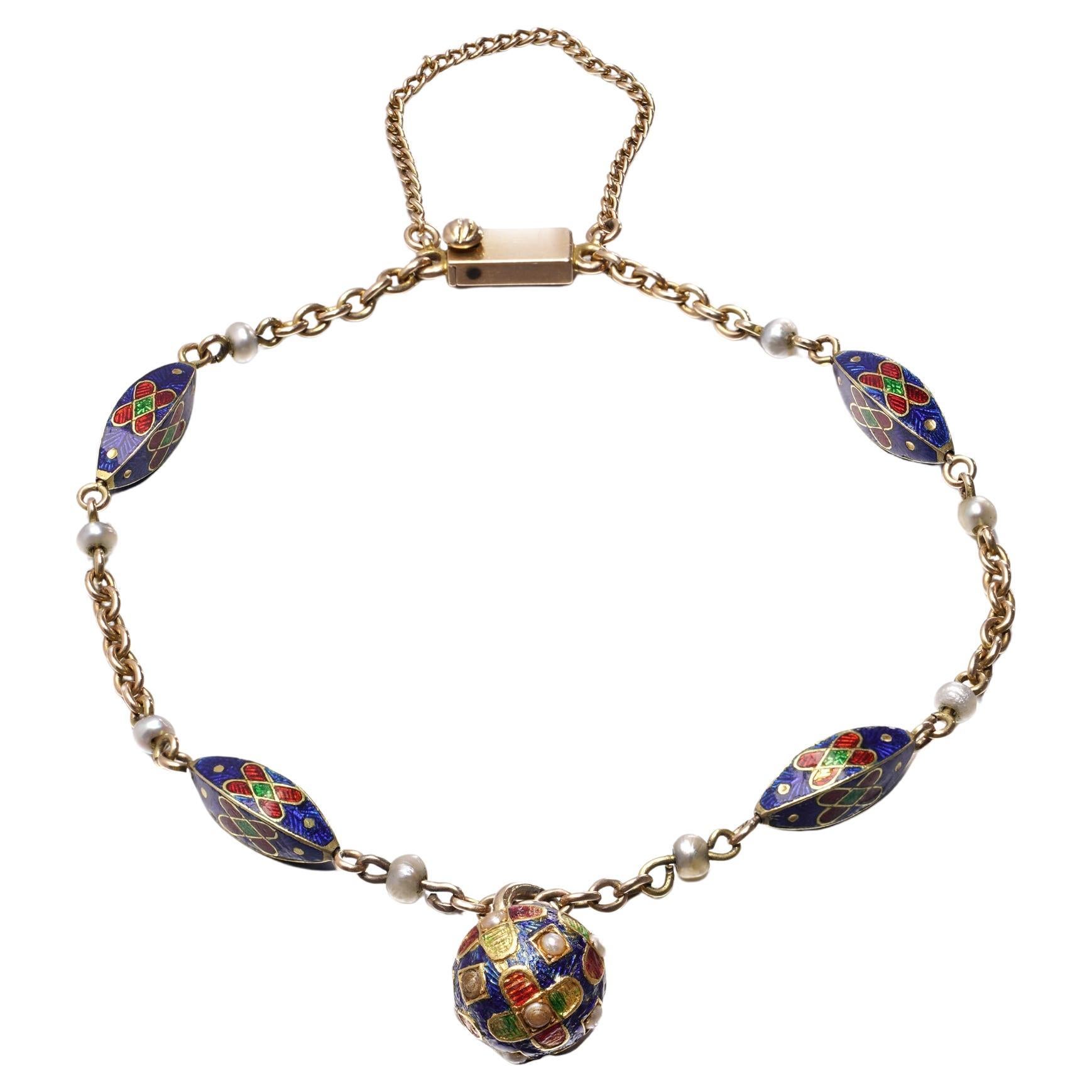 Antique 15kt Gold Enamel and Pearl Bracelet with Orb Pendant en vente