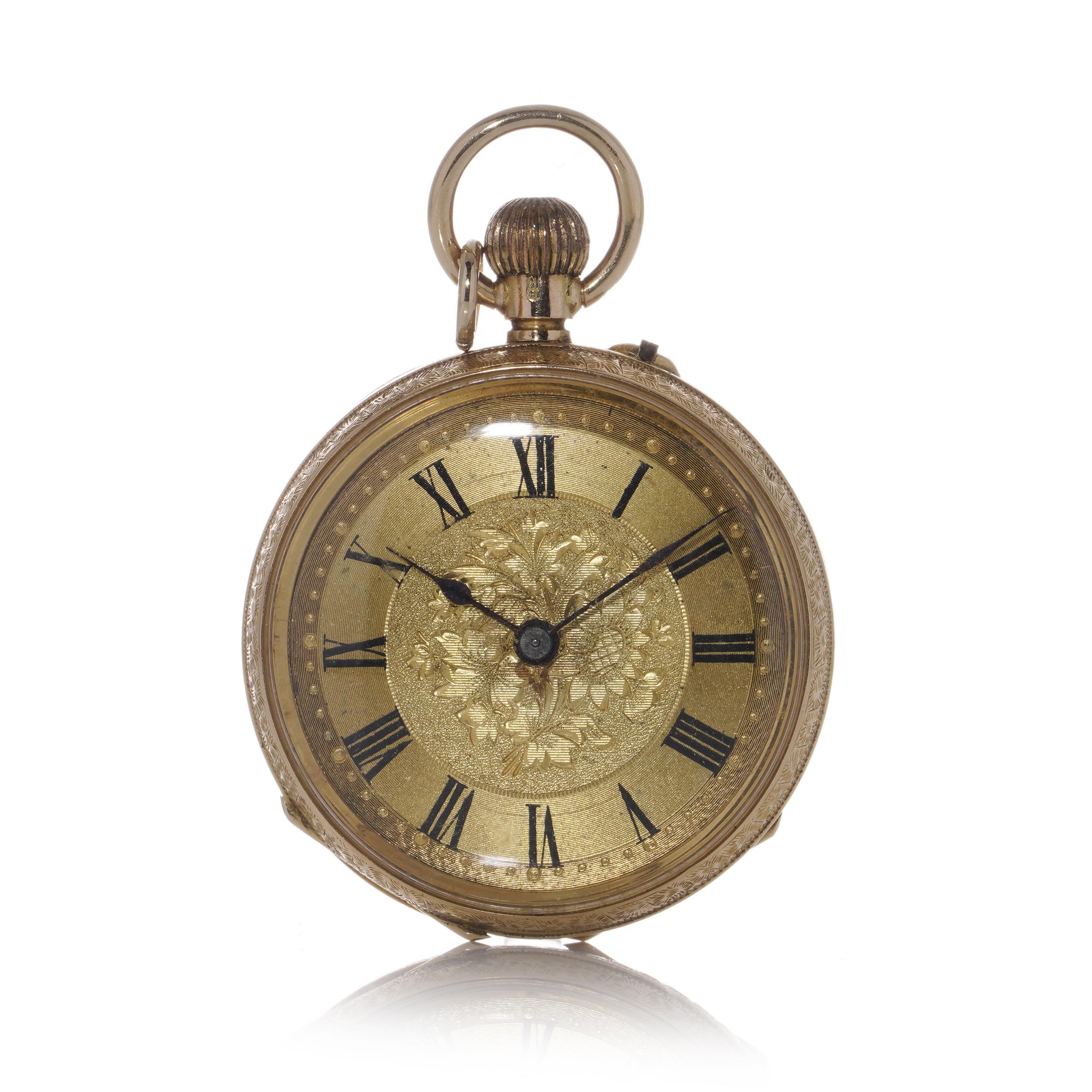 Antike Taschenuhr mit offenem Zifferblatt aus 15 Karat Gold.
Hergestellt in England, London, ca. 1900-1910
Vollständig gestempelt 15KT Gold mit London Import Punzen.

Die Ganggenauigkeit der Uhren ist nicht überprüft worden. 
Es wird empfohlen, sie