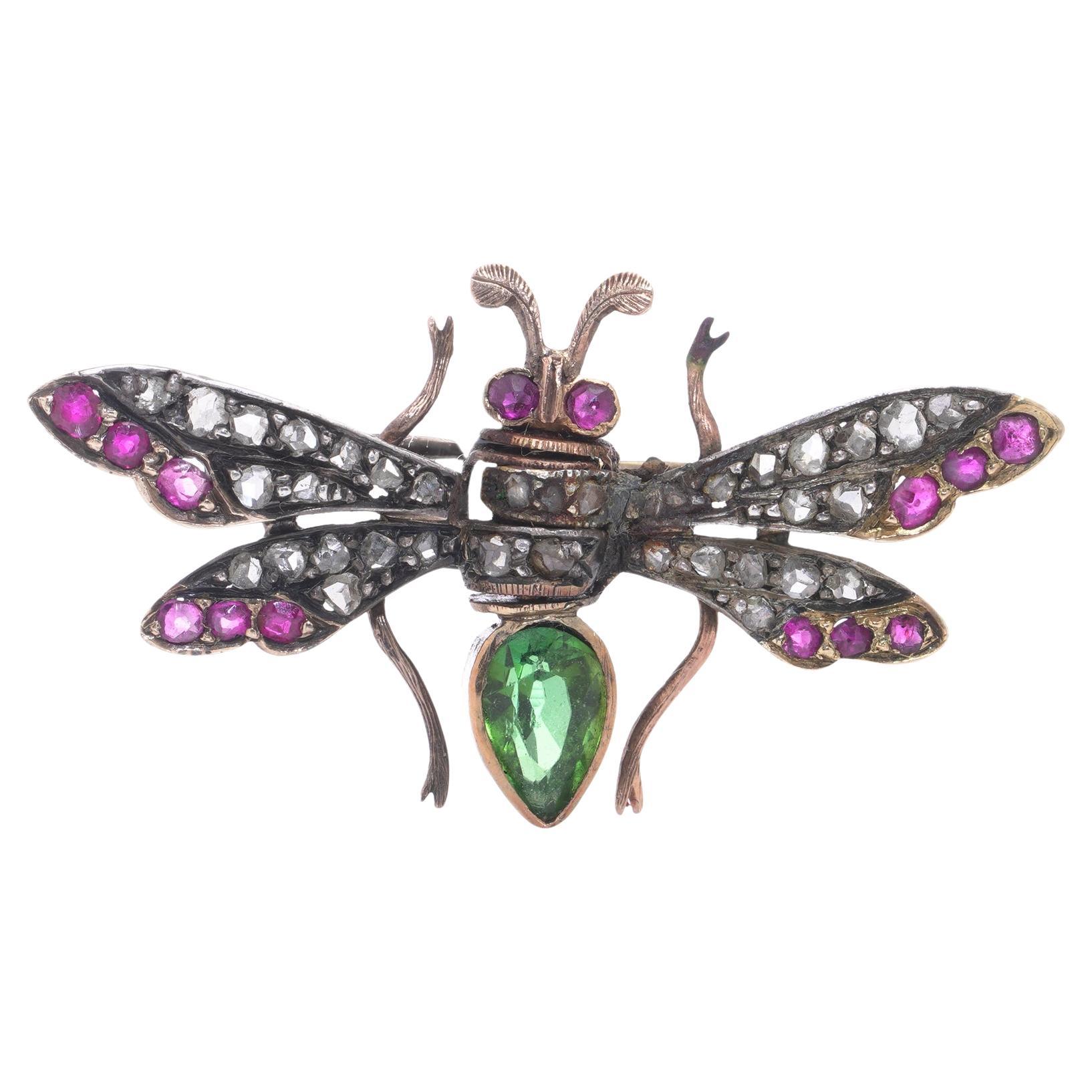 Antike 15kt Gold 
Silber Insektenbrosche mit Diamanten, Rubinen 
Turmalin