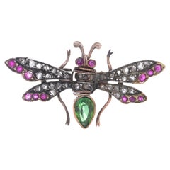 Antique 15kt Gold & Silver Insect Brooch with Diamonds, Rubies & Tourmaline