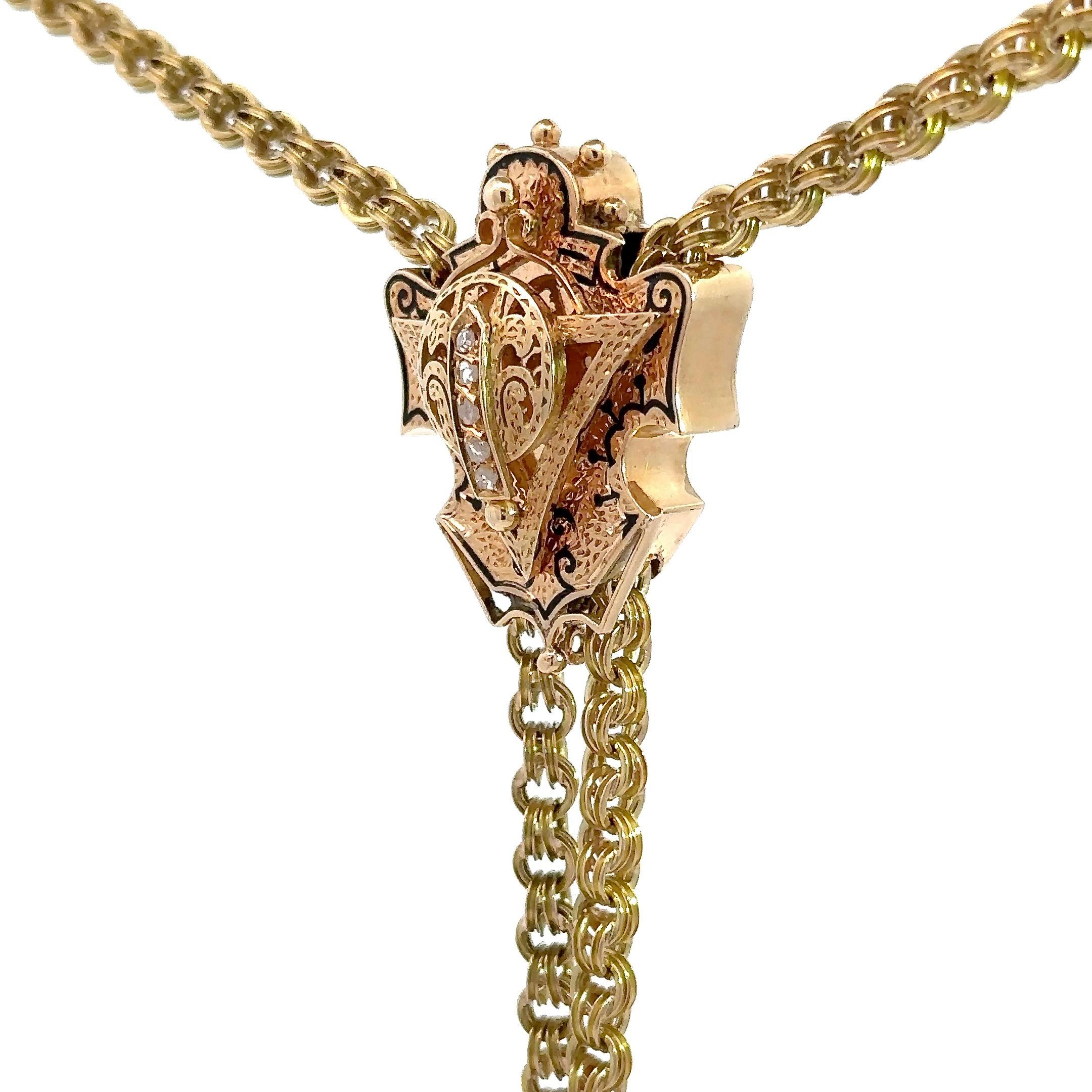 Antique 15KT Yellow Gold Chain with 14K Gold Diamond Slide For Sale 6