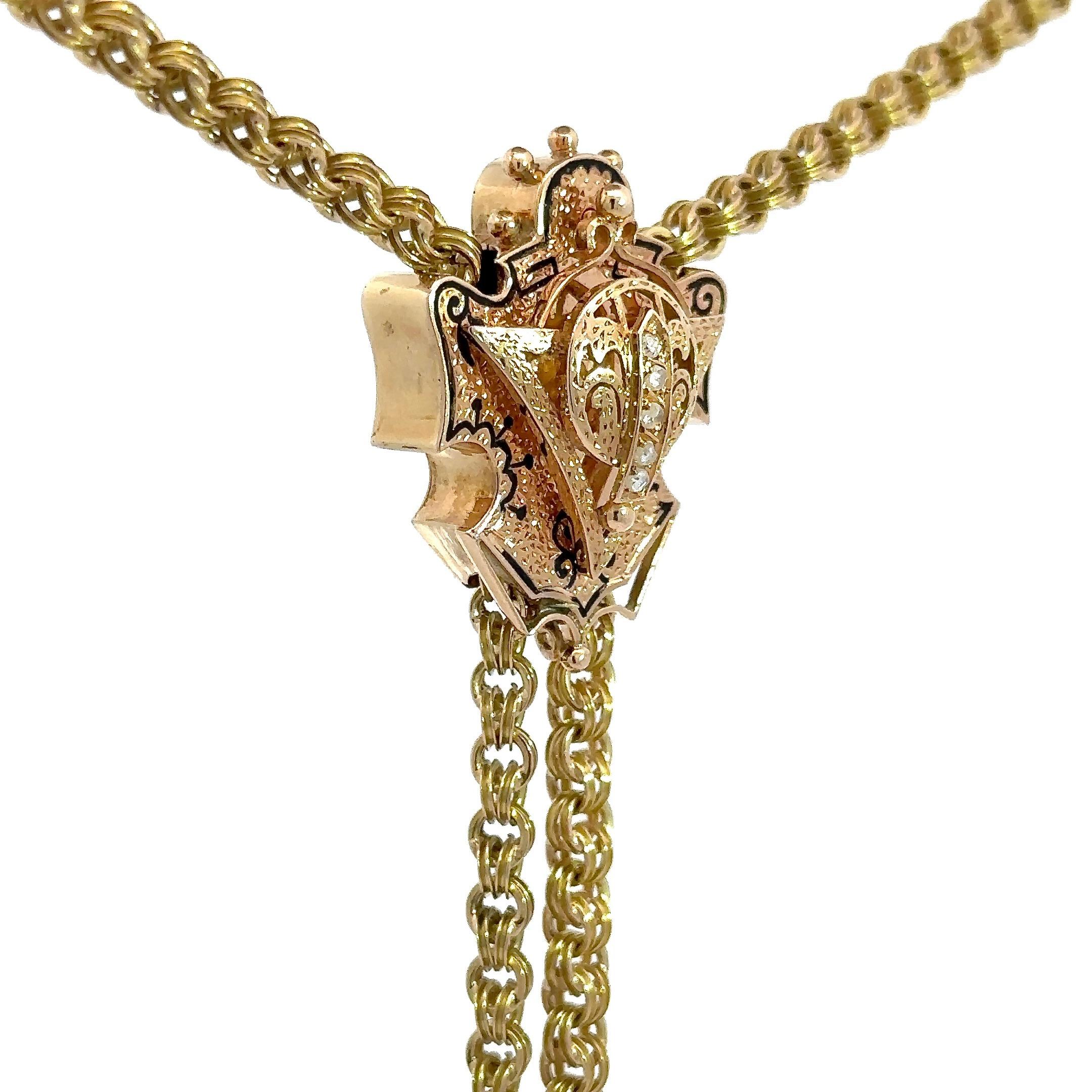Antique 15KT Yellow Gold Chain with 14K Gold Diamond Slide For Sale 9