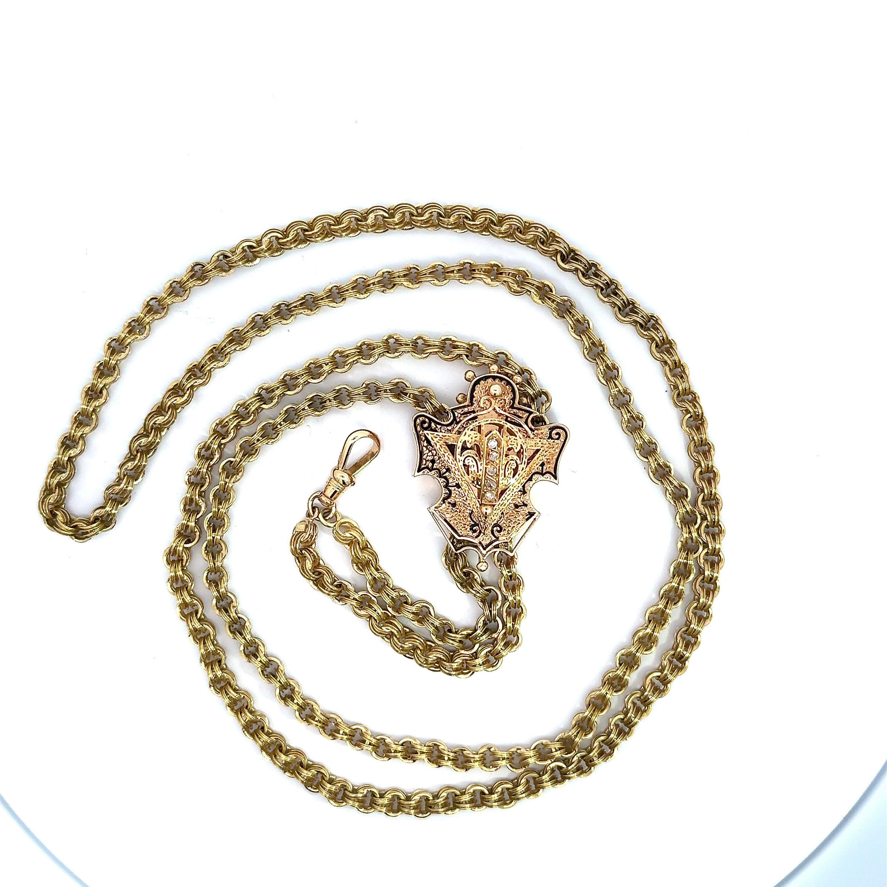 Edwardian Antique 15KT Yellow Gold Chain with 14K Gold Diamond Slide For Sale
