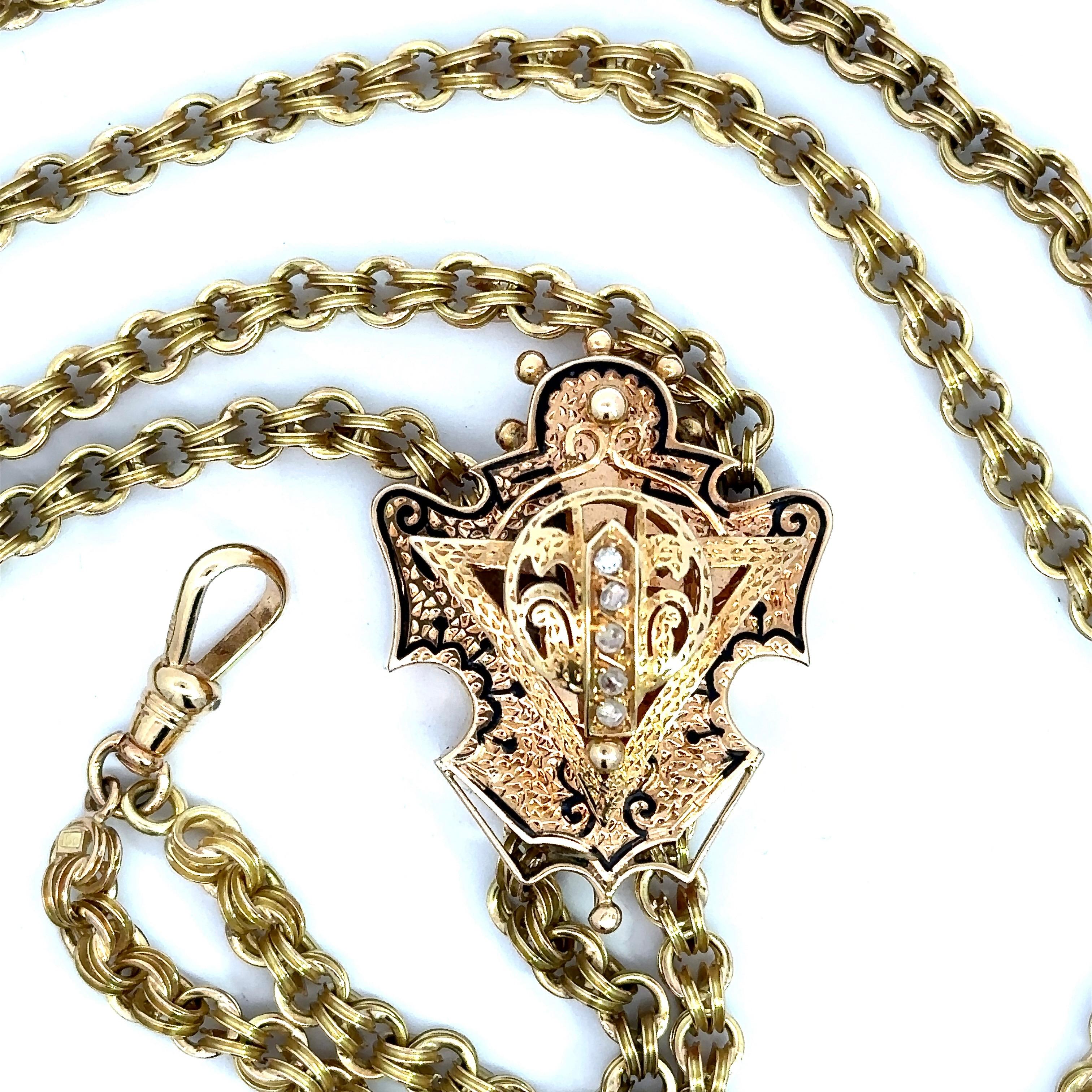 Antique 15KT Yellow Gold Chain with 14K Gold Diamond Slide In Good Condition For Sale In Los Angeles, CA