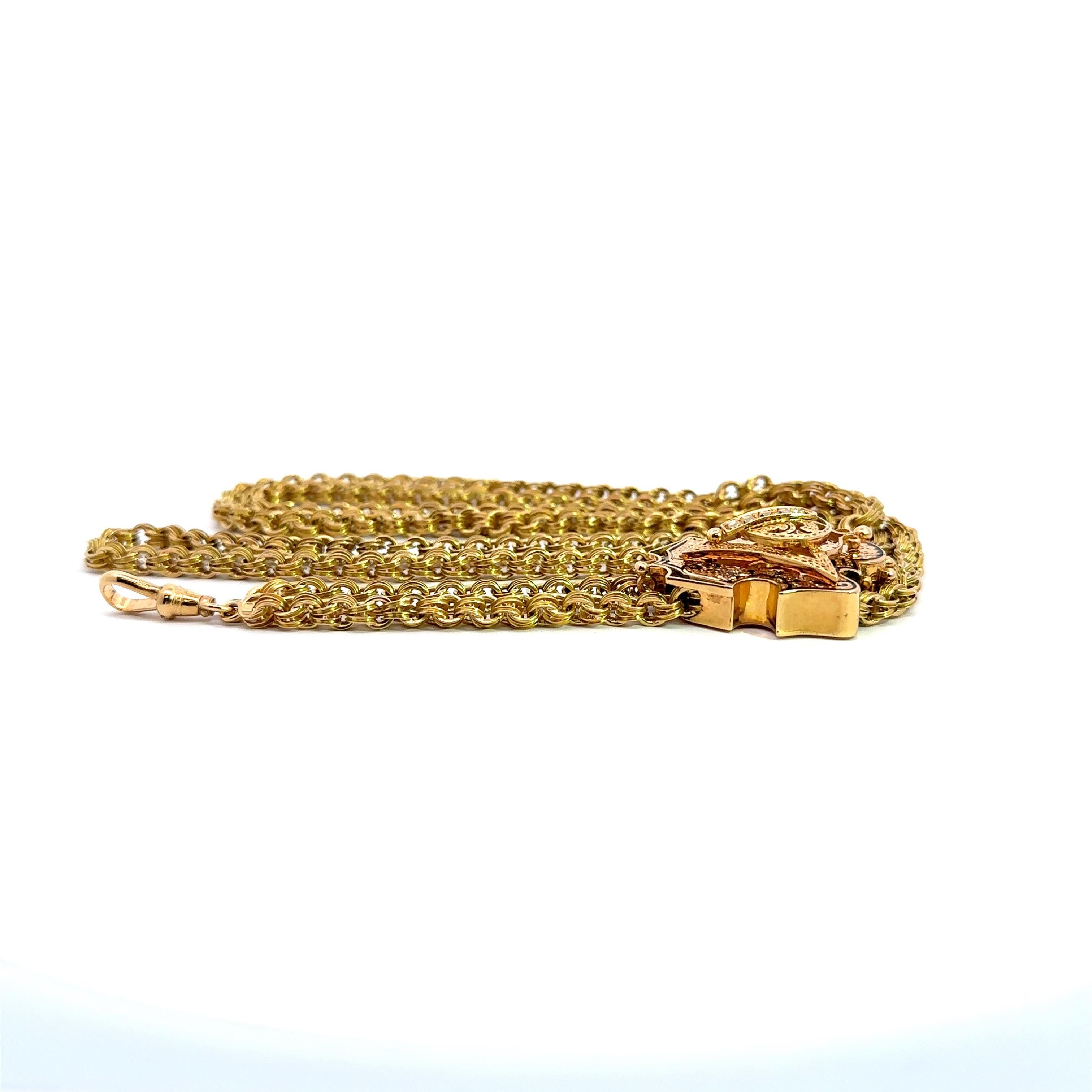 Antique 15KT Yellow Gold Chain with 14K Gold Diamond Slide For Sale 2