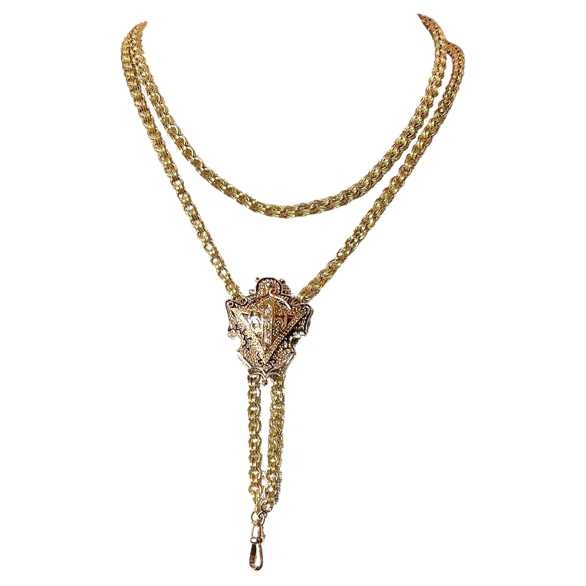Antique 15KT Yellow Gold Chain with 14K Gold Diamond Slide For Sale