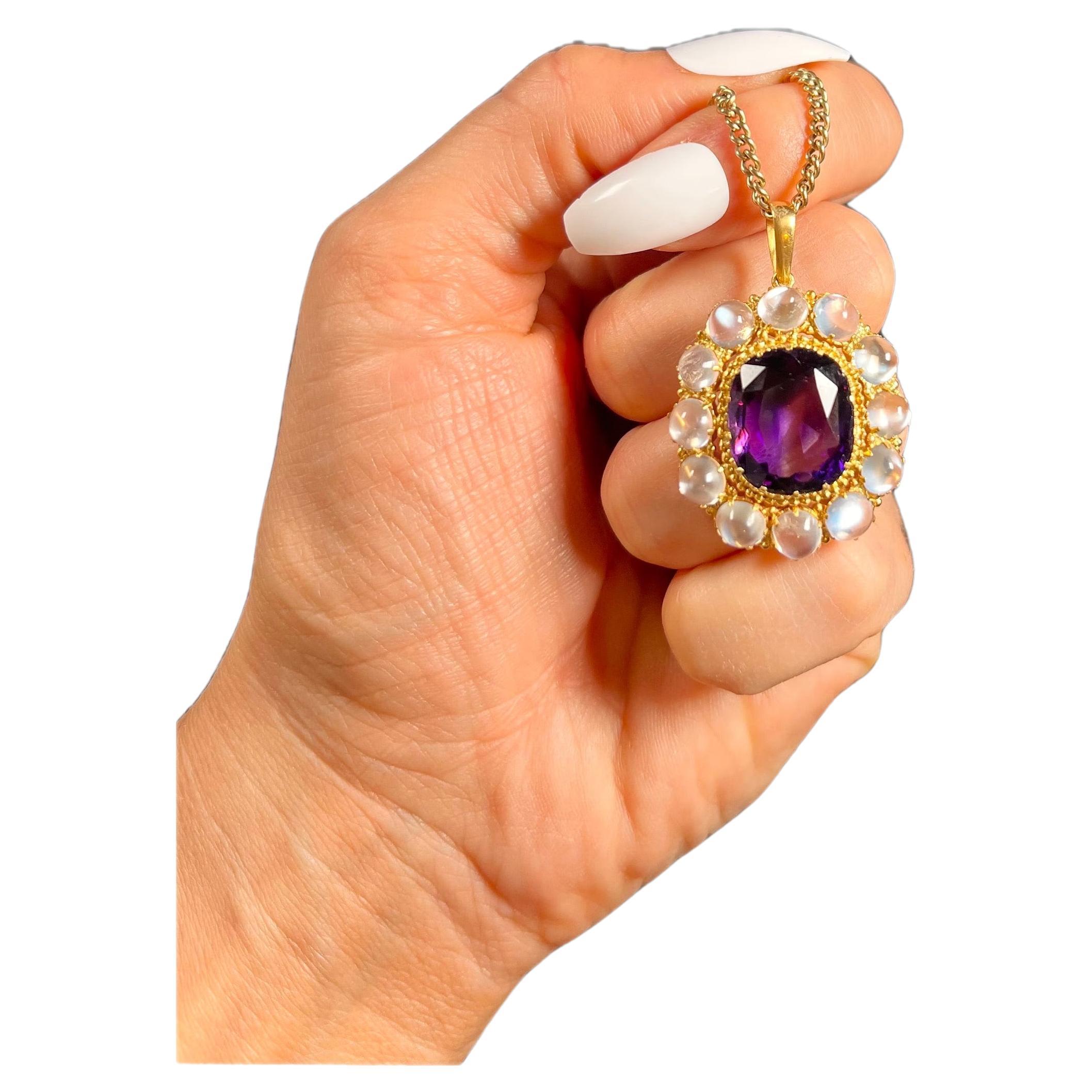 Antique 15t Yellow Gold Victorian Amethyst & Moonstone Pendant For Sale