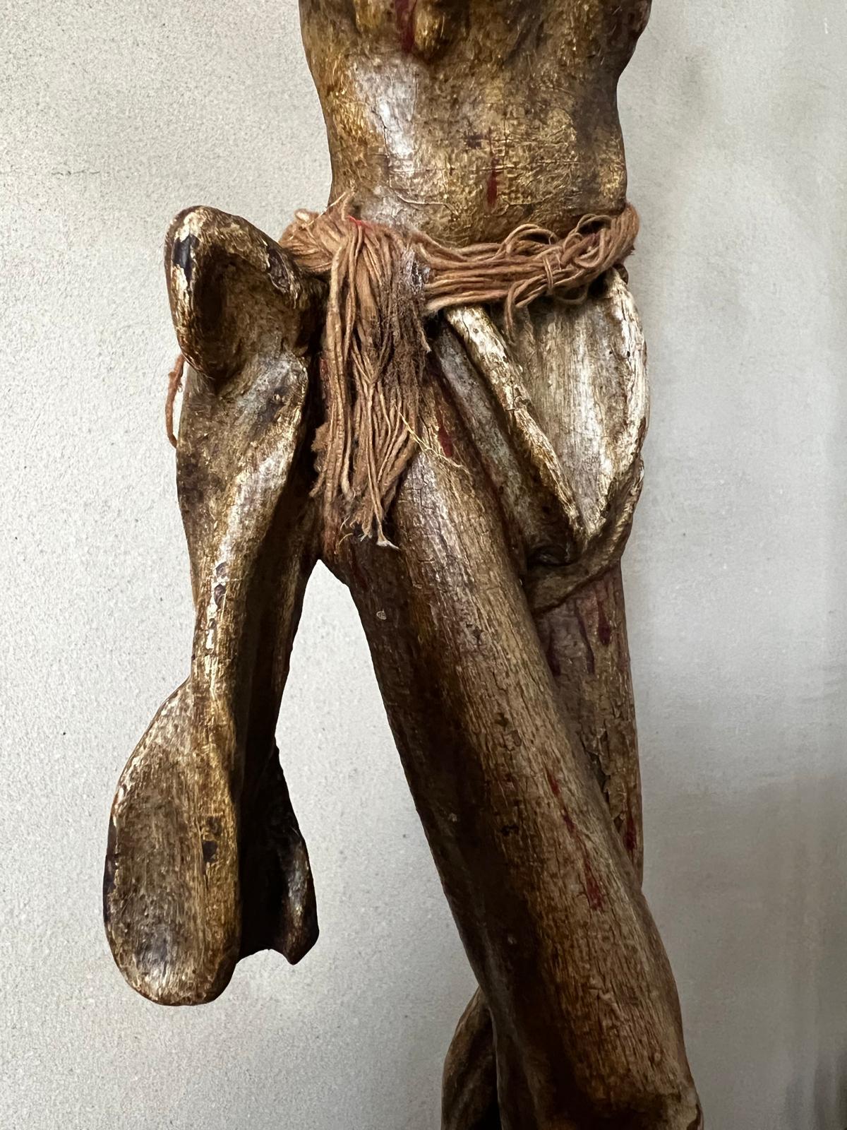 Stone Antique 15th c. Gothic Italian Corpus Christi in Polychrome Wood, Hand-Carved For Sale