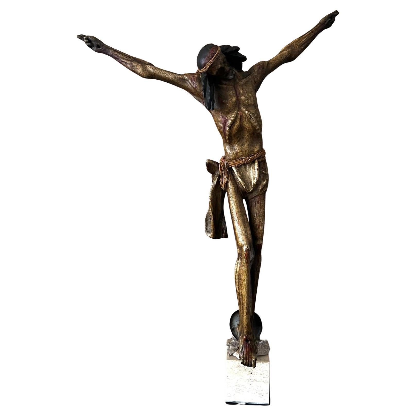 Antique 15th c. Gothic Italian Corpus Christi in Polychrome Wood, Hand-Carved For Sale