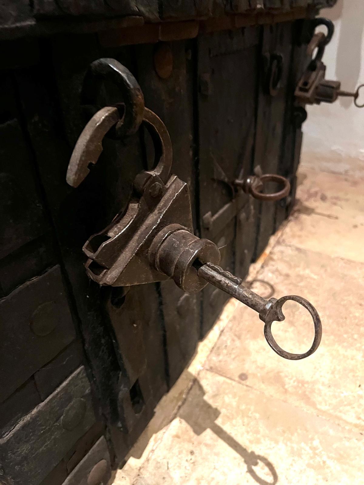 German Antique 15th Century Medieval Gothic Iron Money Strongbox with Original Locks For Sale