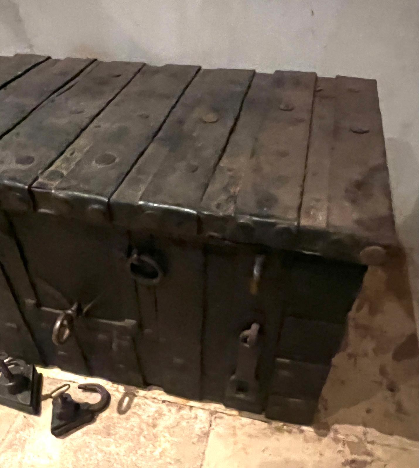 18th Century and Earlier Antique 15th Century Medieval Gothic Iron Money Strongbox with Original Locks For Sale