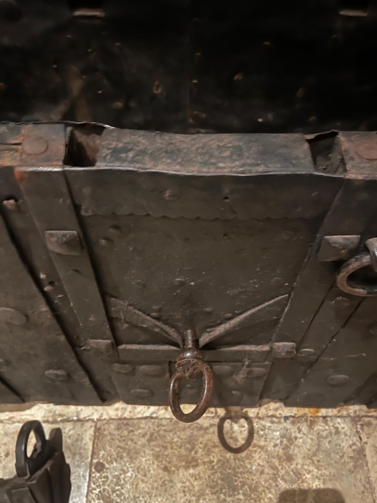 Antique 15th Century Medieval Gothic Iron Money Strongbox with Original Locks For Sale 1