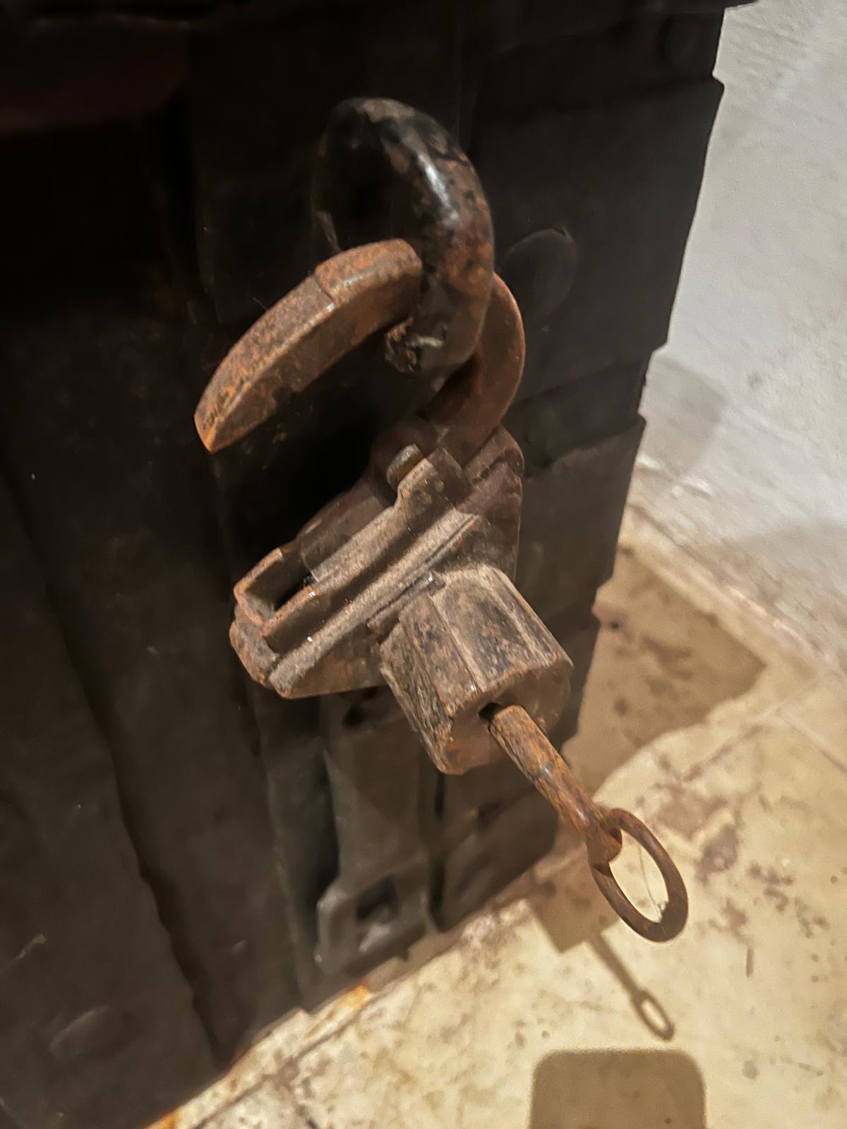 Antique 15th Century Medieval Gothic Iron Money Strongbox with Original Locks For Sale 2