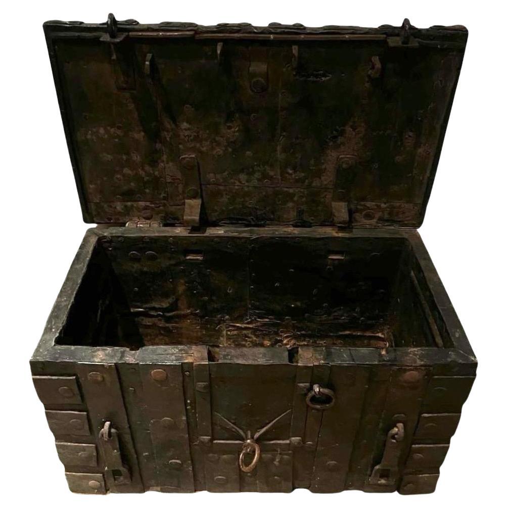 Antique 15th Century Medieval Gothic Iron Money Strongbox with Original Locks