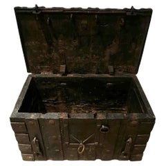 Antique 15th Century Medieval Gothic Iron Money Strongbox with Original Locks
