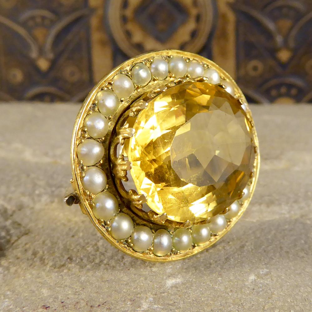 Late Victorian Antique 16 Carat Citrene and Cultured Pearl Brooch in 15 Carat Yellow Gold