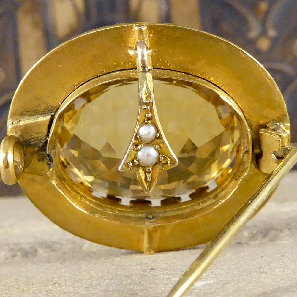 Antique 16 Carat Citrene and Cultured Pearl Brooch in 15 Carat Yellow Gold 1