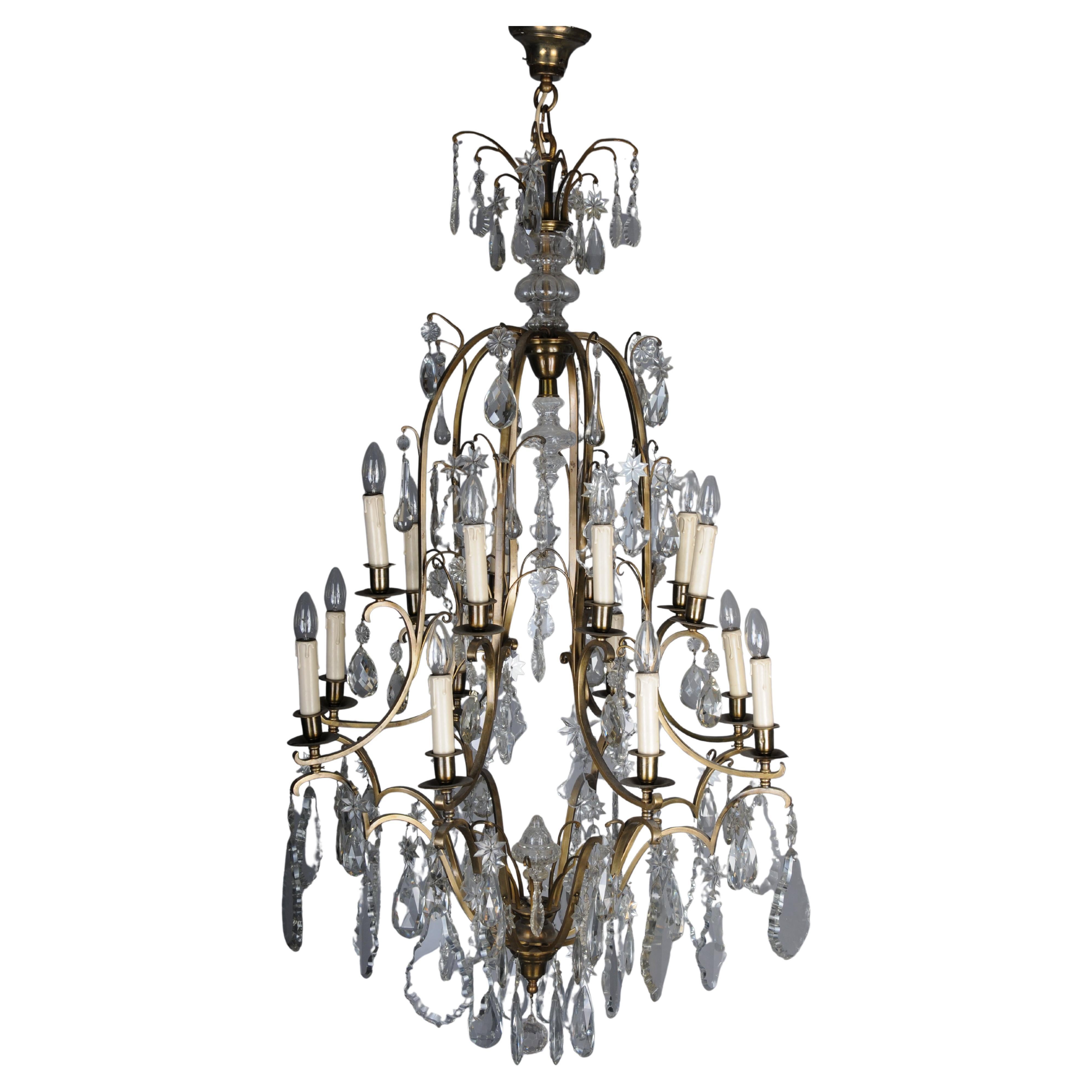 Antico lampadario di cristallo francese a 16 luci, 1930 circa, barocco/Louis XV