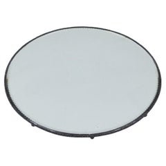 Antique 16" Round Beveled Mirror Plateau w/ Decorative Footed Silver Plate Rim