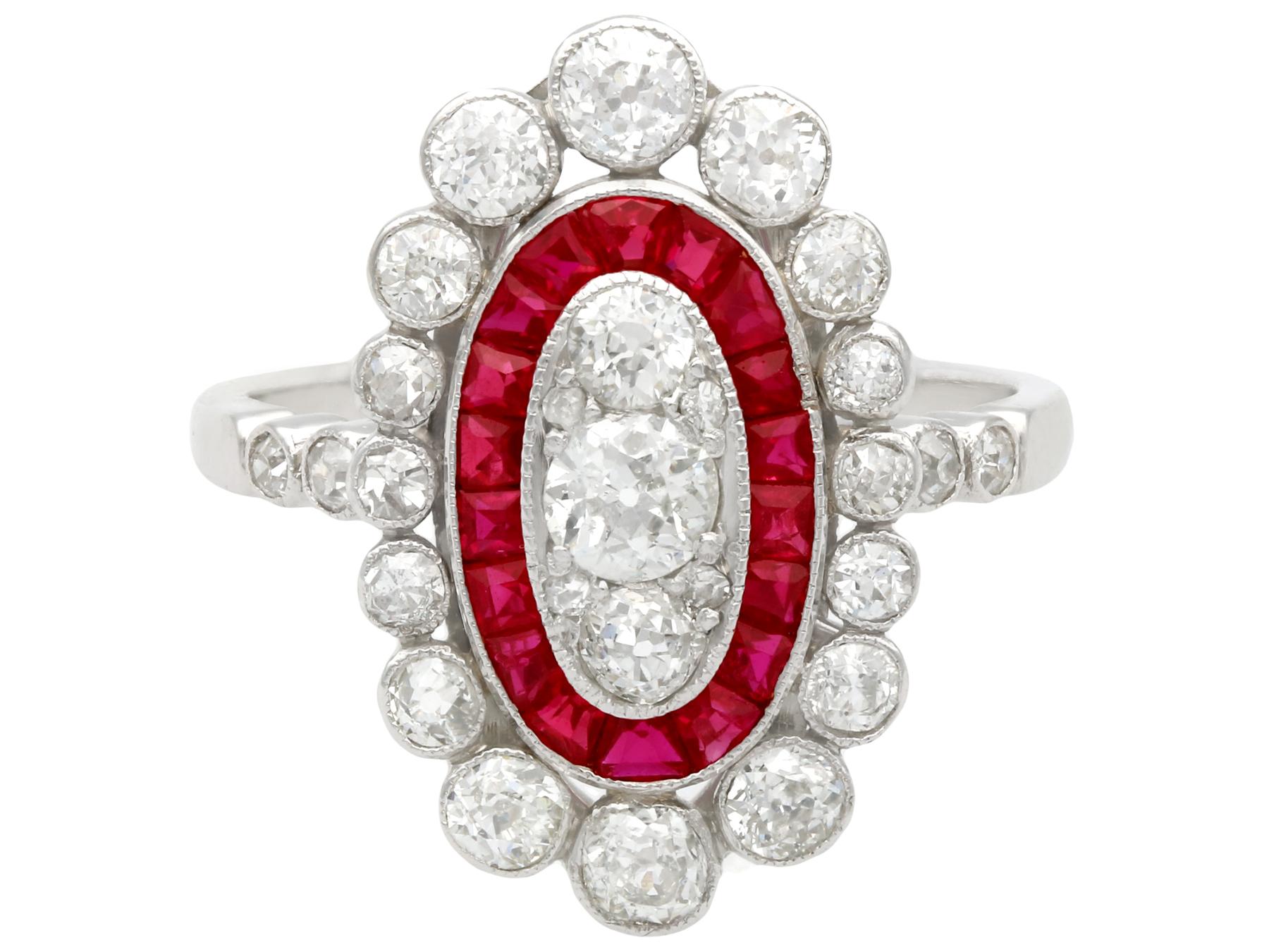 Antique 1.60 Carat Diamond and Ruby Platinum Cluster Ring In Excellent Condition In Jesmond, Newcastle Upon Tyne