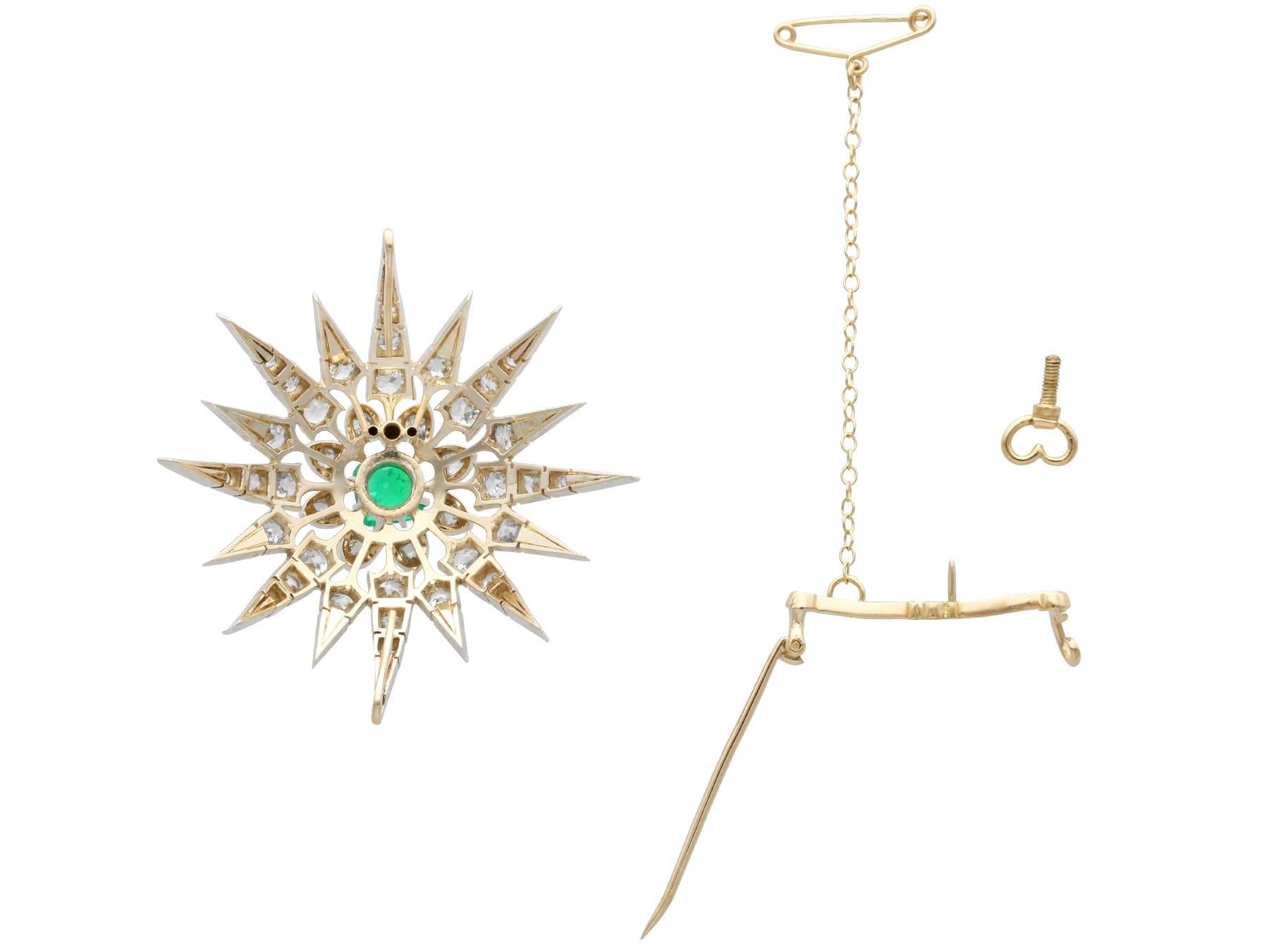 Antique 1.60Ct Emerald, 4.22Ct Diamond and 12k Yellow Gold Brooch Pendant For Sale 5