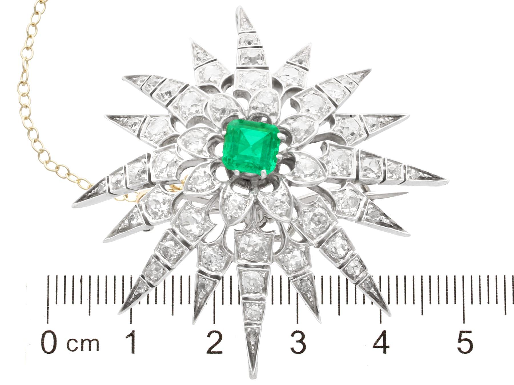 Antique 1.60Ct Emerald, 4.22Ct Diamond and 12k Yellow Gold Brooch Pendant For Sale 6