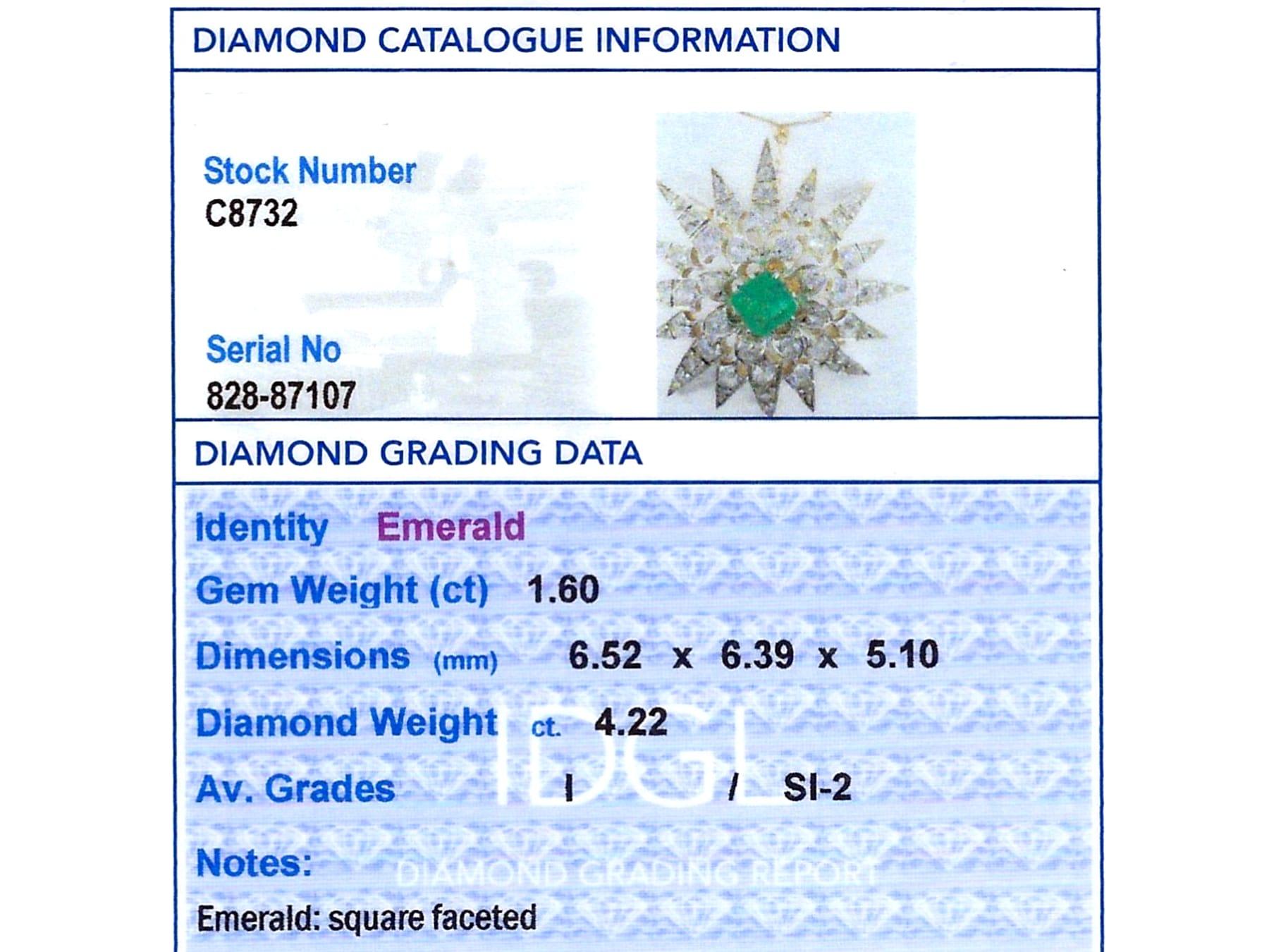 Antique 1.60Ct Emerald, 4.22Ct Diamond and 12k Yellow Gold Brooch Pendant For Sale 7