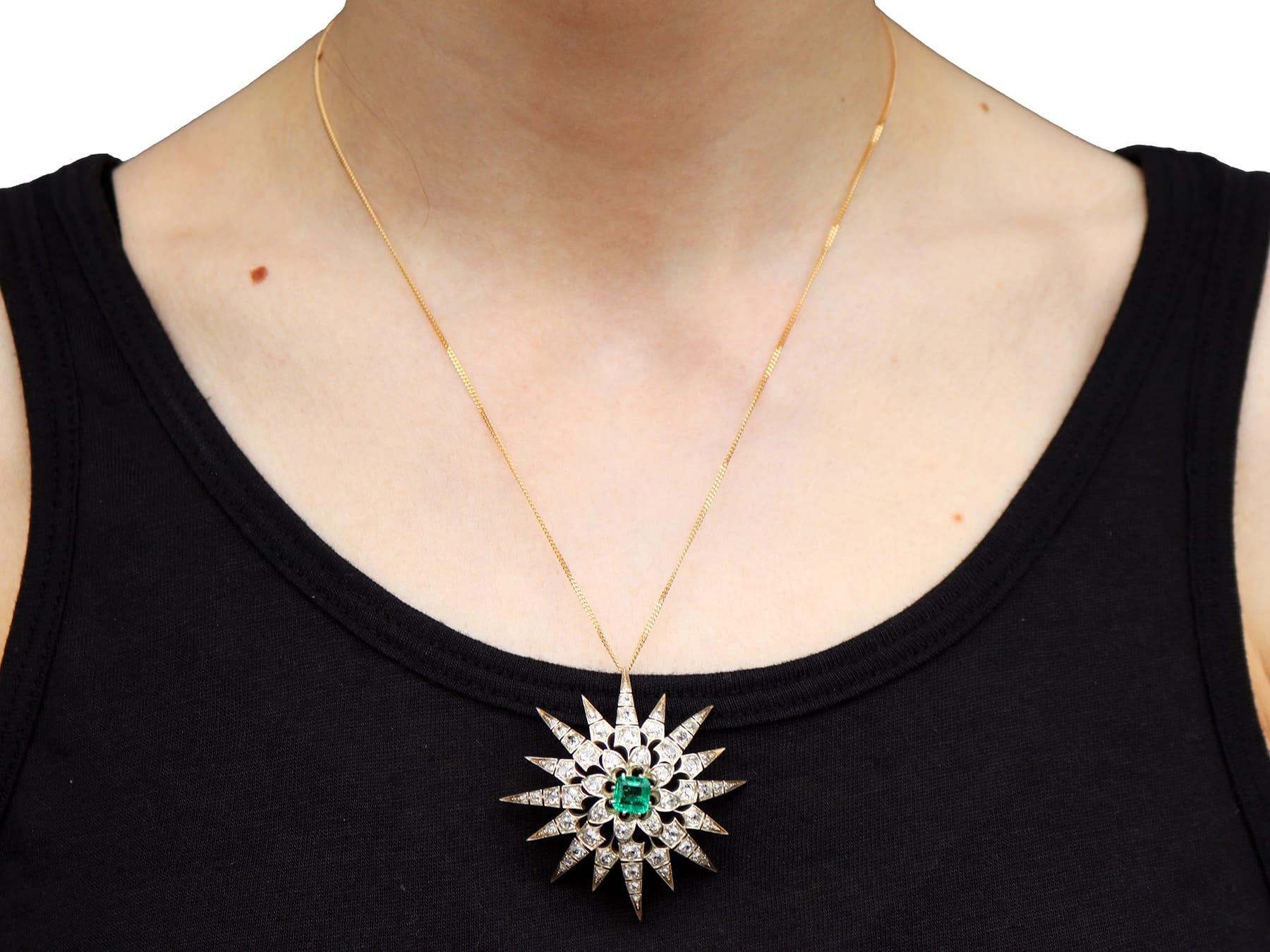 Antique 1.60Ct Emerald, 4.22Ct Diamond and 12k Yellow Gold Brooch Pendant For Sale 8