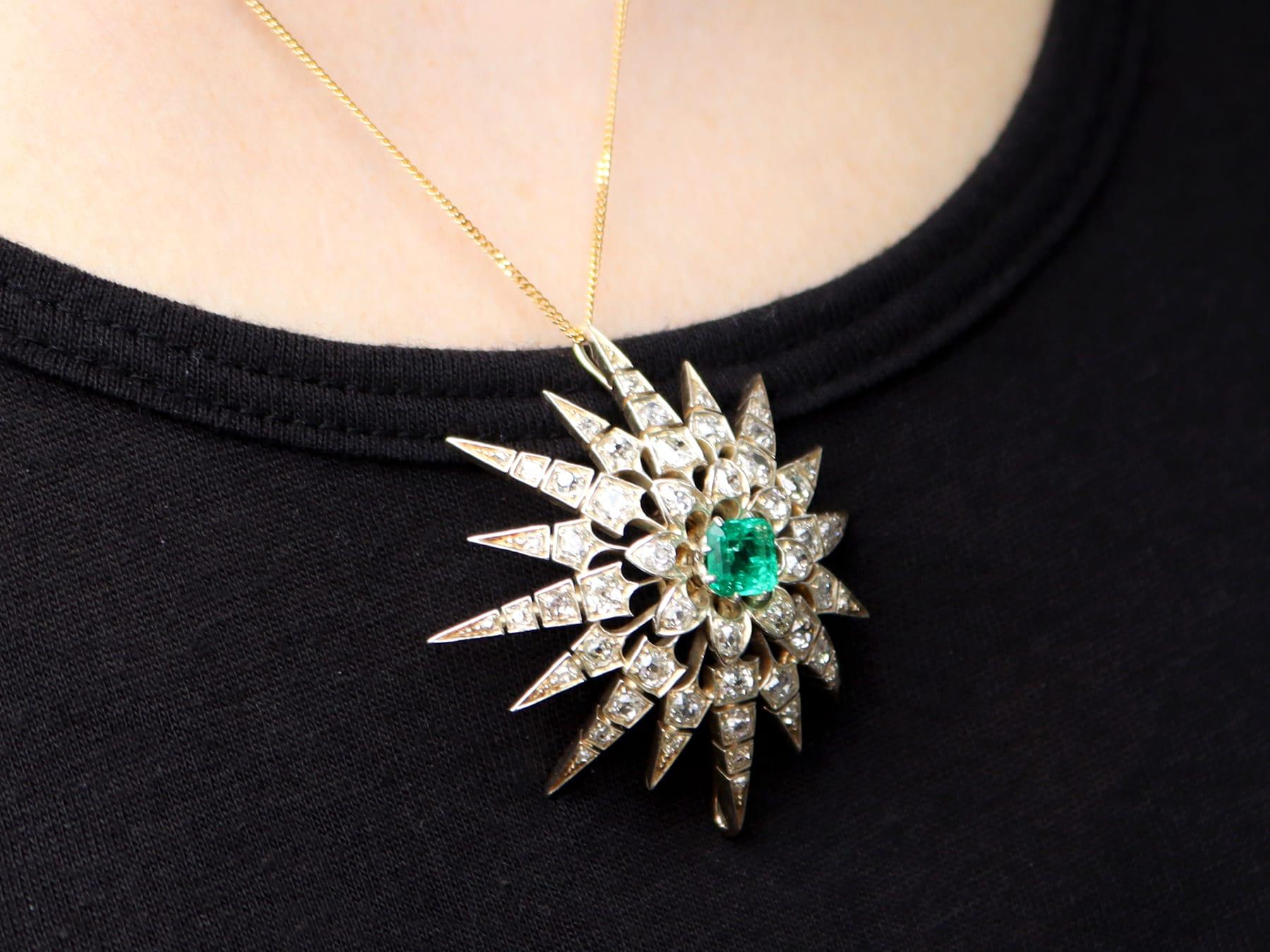 Antique 1.60Ct Emerald, 4.22Ct Diamond and 12k Yellow Gold Brooch Pendant For Sale 9
