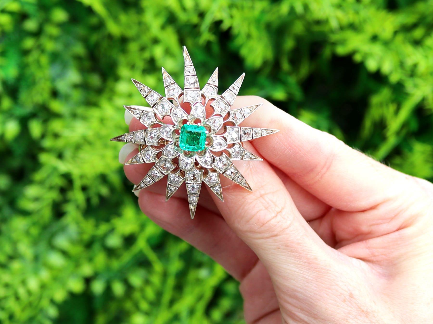 A stunning, fine and impressive antique 1.60 carat emerald, 4.22 carat diamond, 12 karat yellow gold and silver set star brooch/pendant; part of our diverse antique Victorian brooches collection.

This stunning, fine and impressive antique Victorian